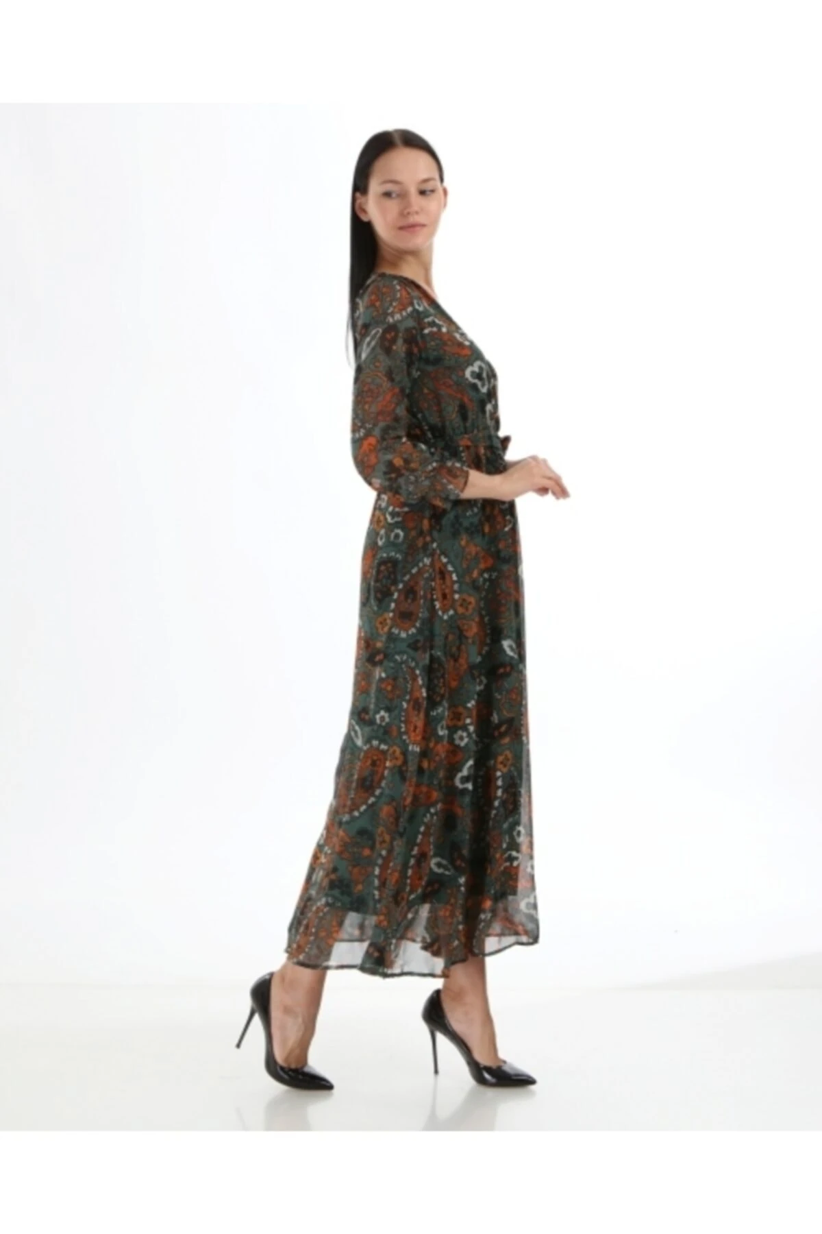 Kadın Yeşil Çiçekli Uzun Boy Şifon Elbise