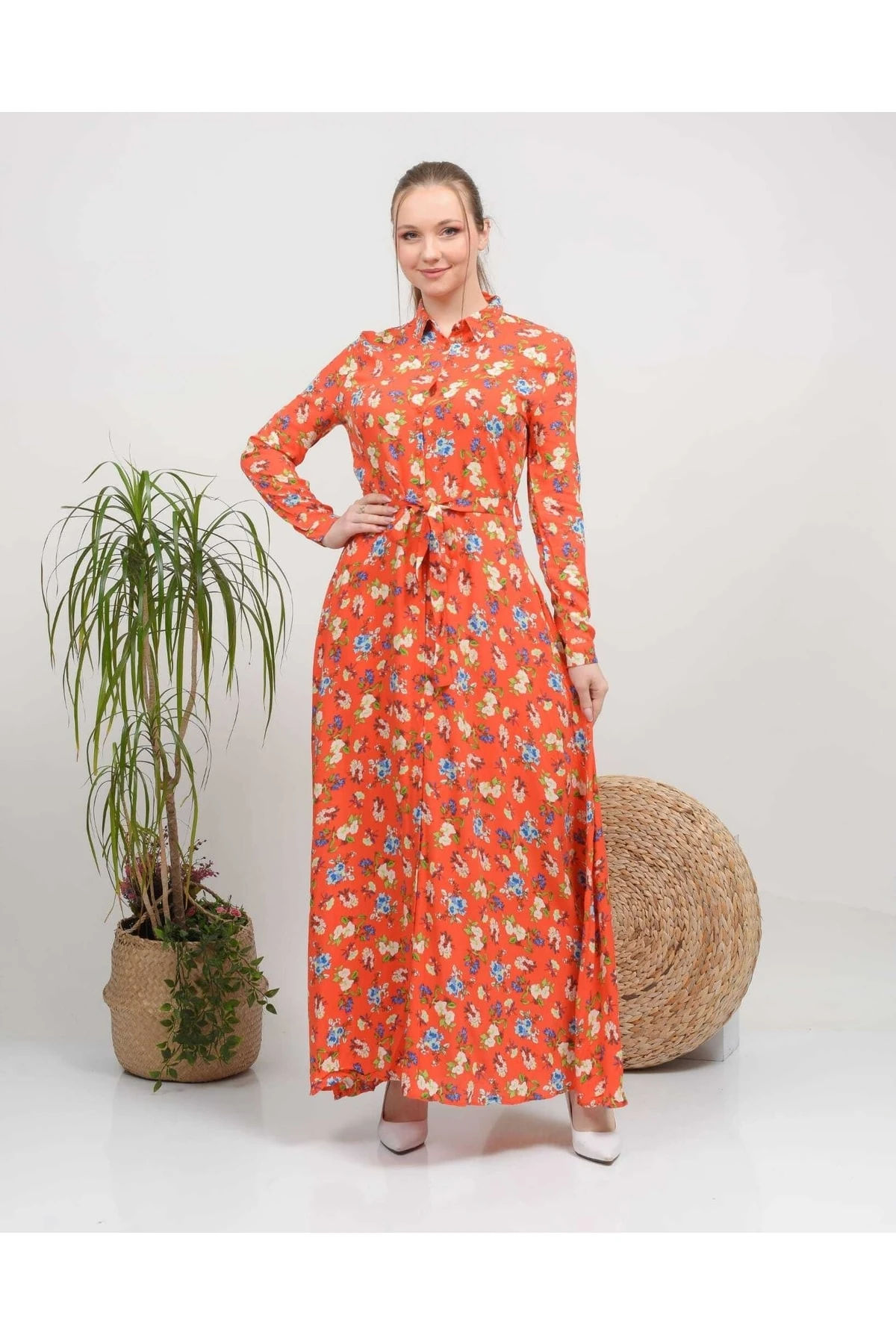 Gömlek Yaka Uzun Boy Viskon Elbise