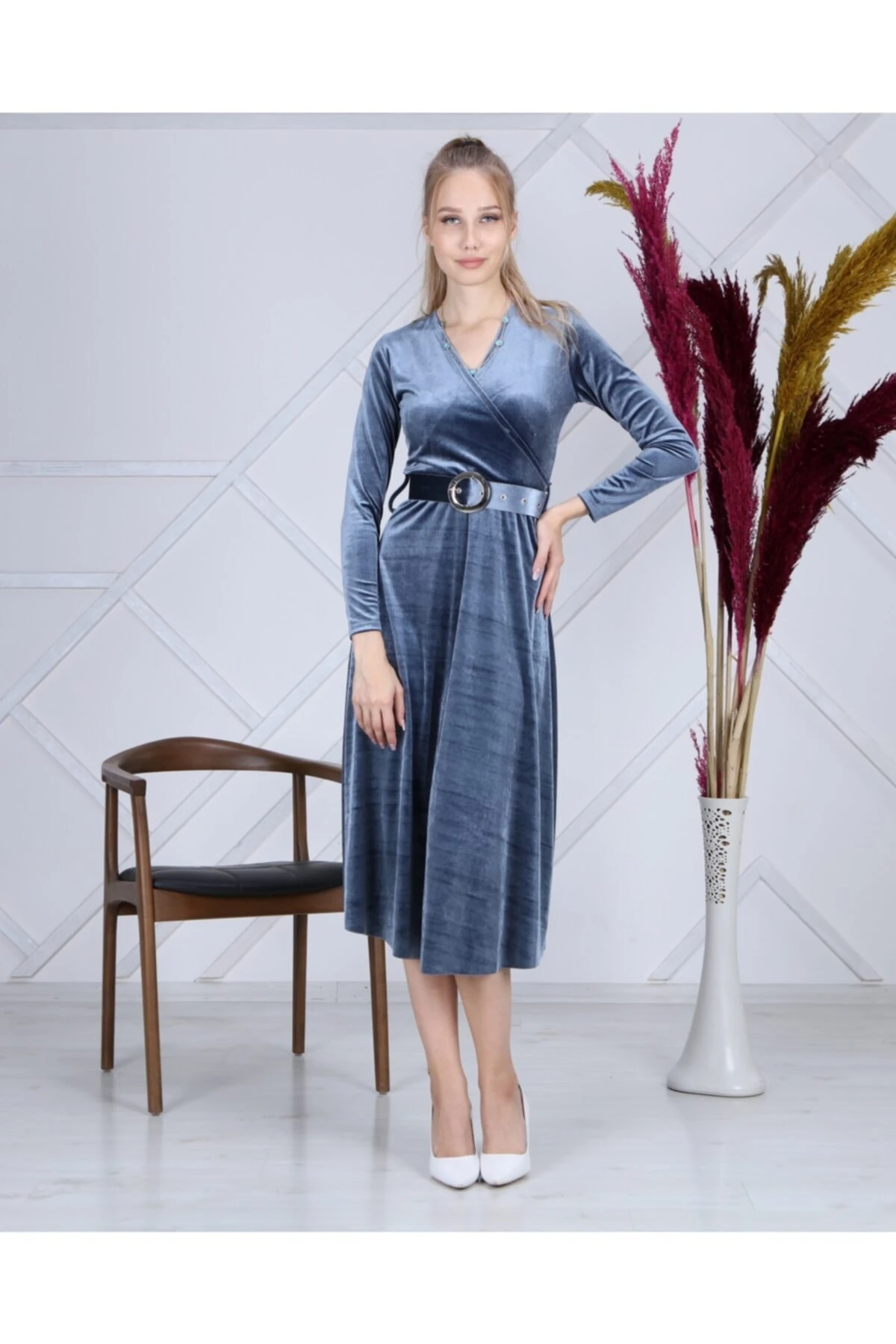 Ithal Kadife Elbise Midi (KEMERLİ) - gri