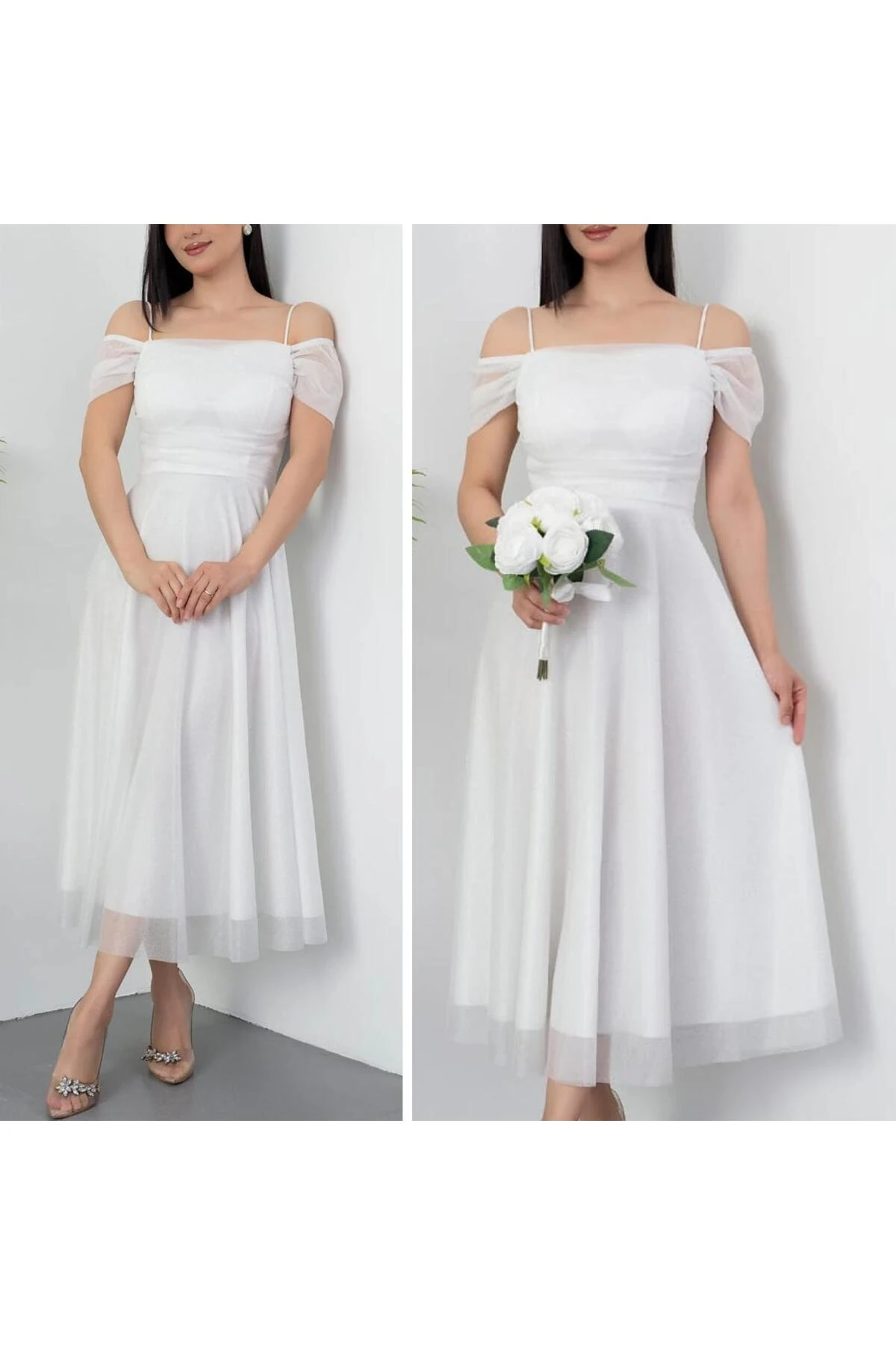 Askılı Simli Tül Abiye Elbise