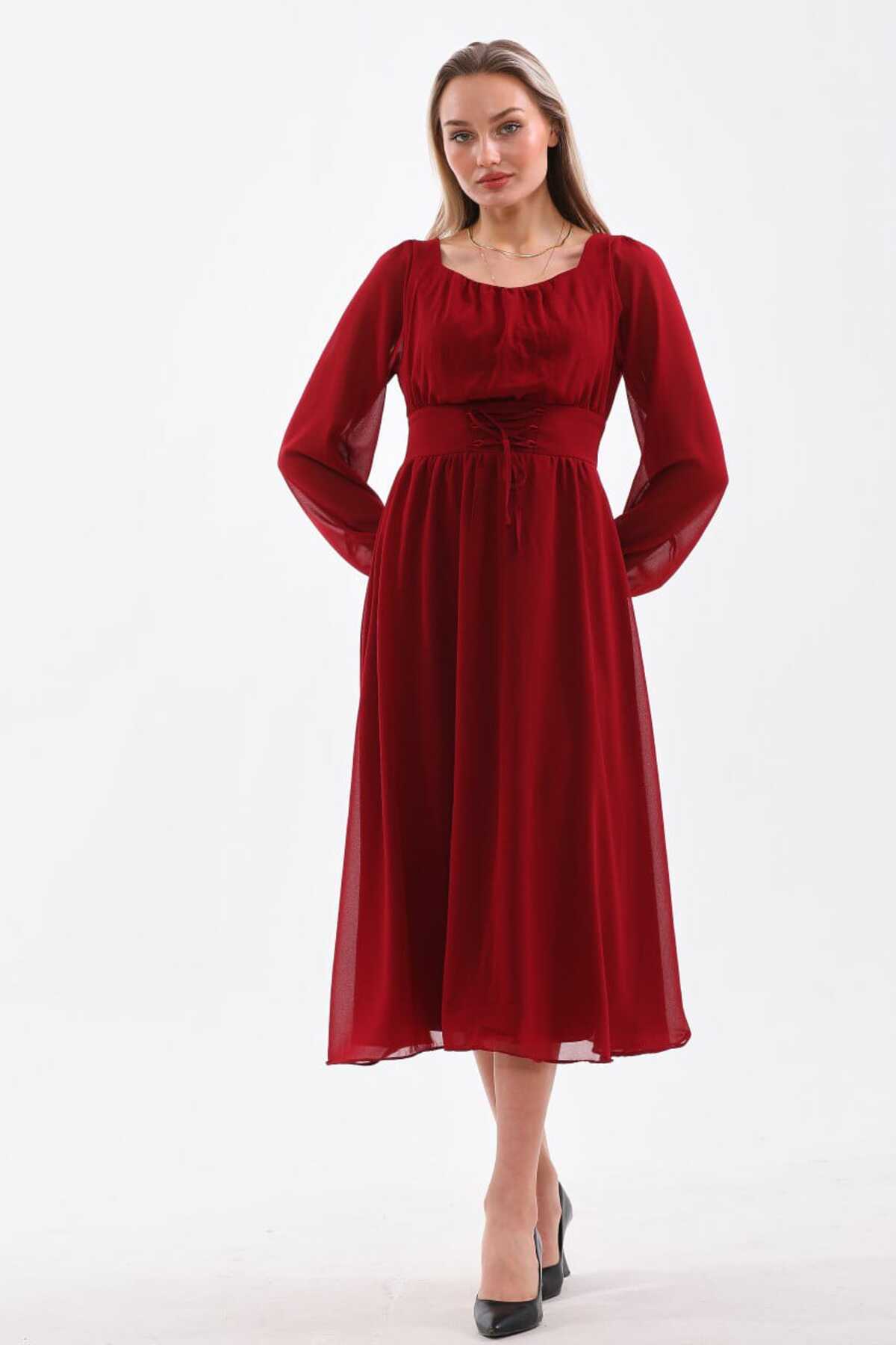 Belden İp Bağcılıklı Düz Şifon Elbise