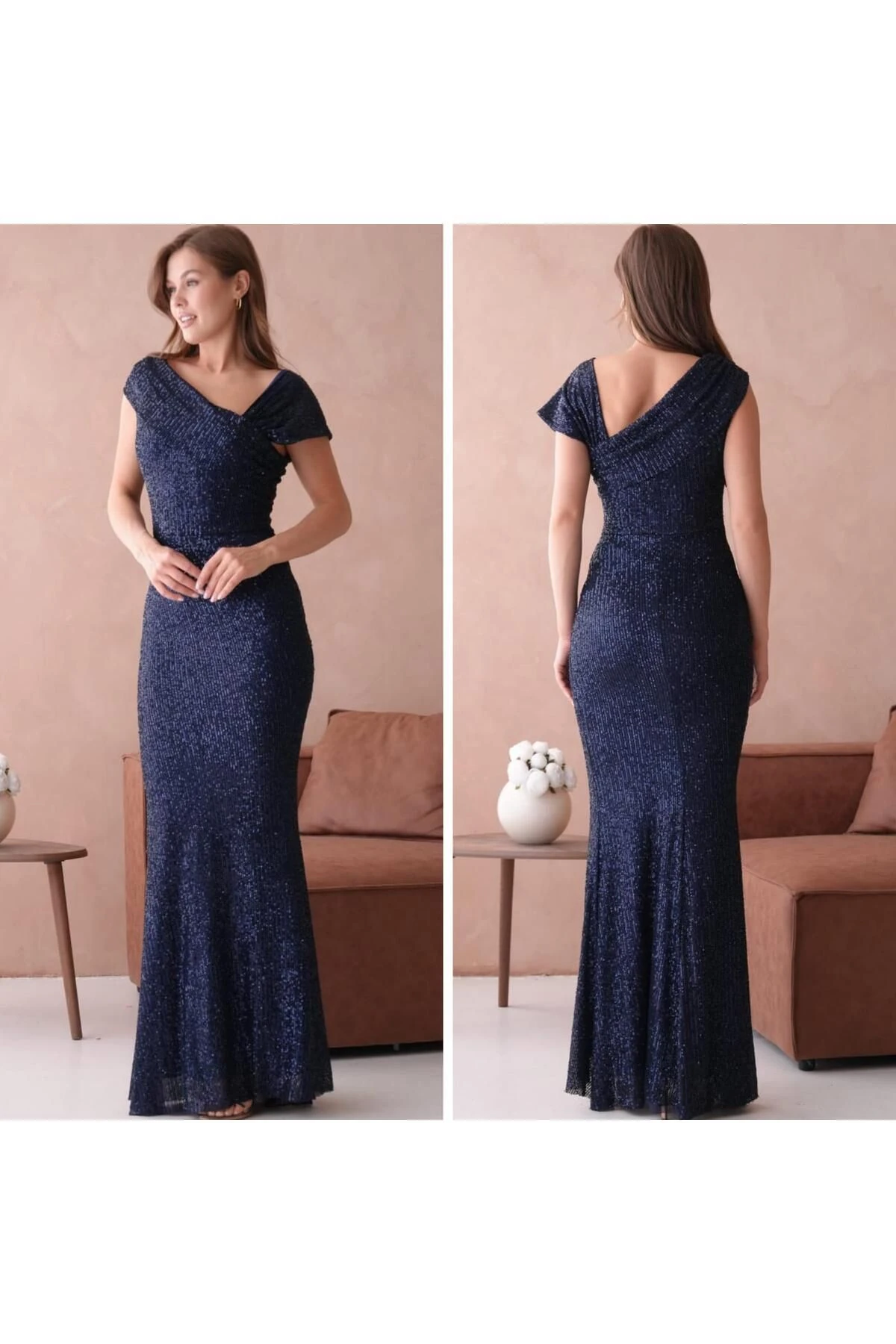 Omuz Detaylı Pul Payet Abiye Elbise - lacivert