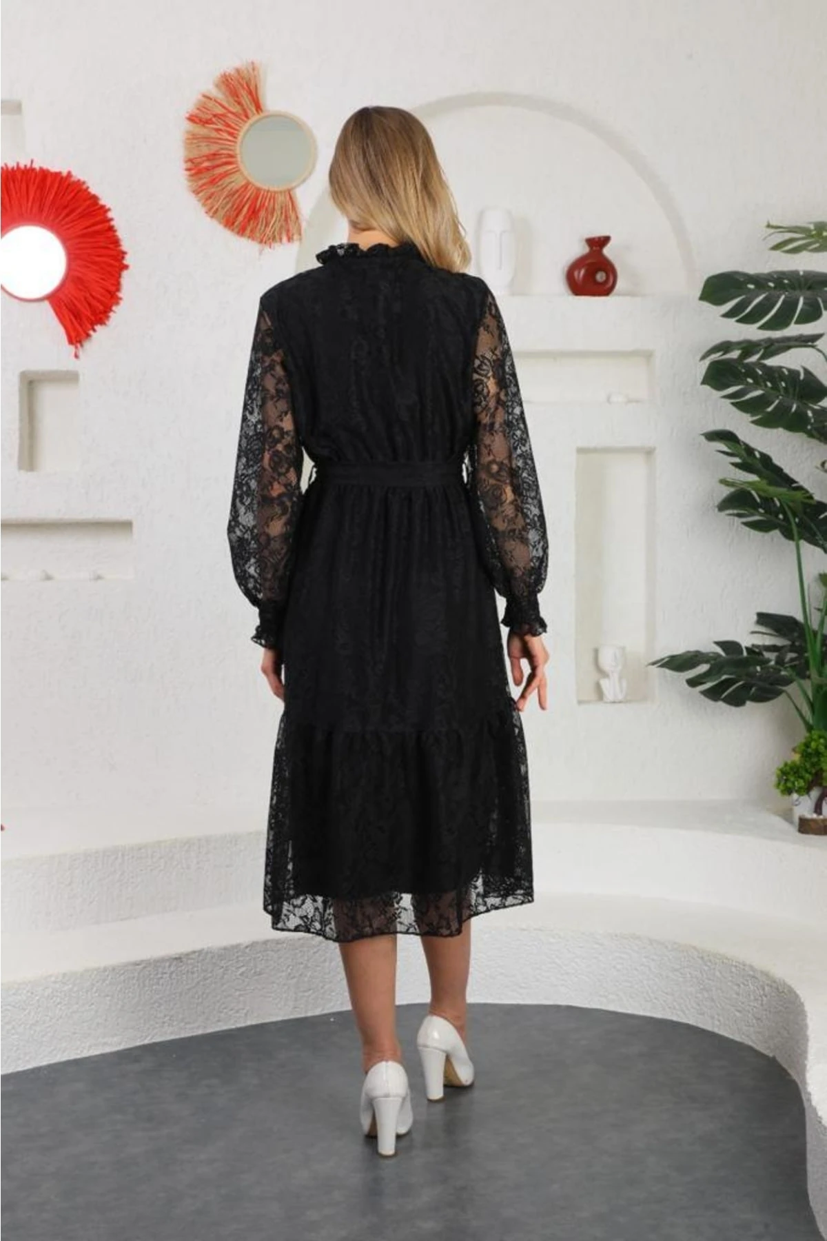 Midi Boy Bağcıklı Tül Elbise