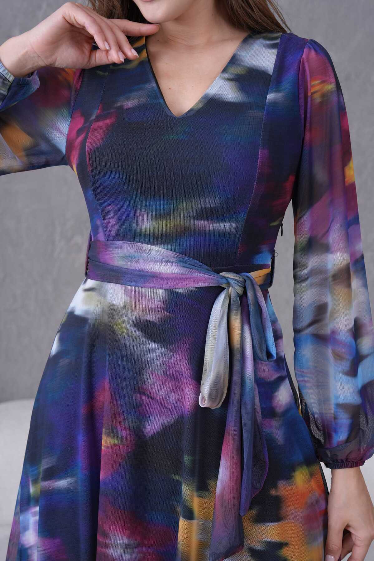 V Yaka Midi Boy Tül Elbise