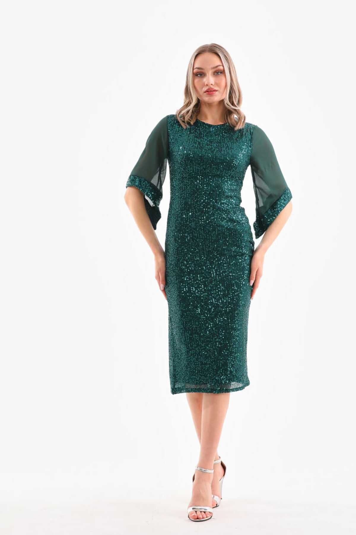 Pul Payetli Midi Boy Abiye Elbise