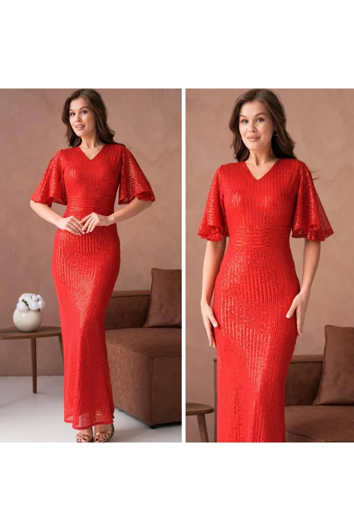 Abiye Pul Payet Kısa Kol Elbise - kırmızı