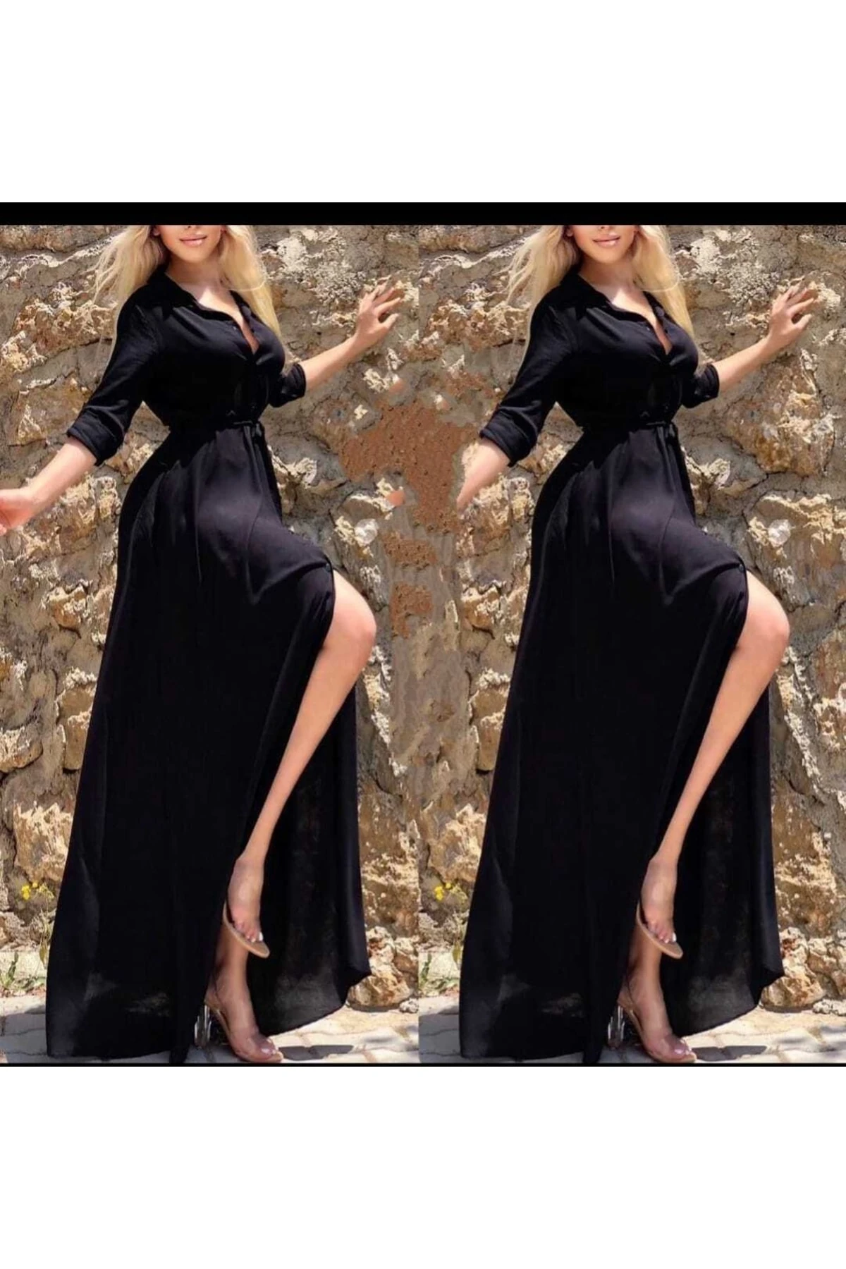 Gömlek Yaka Uzun Boy Viskon Elbise - siyah (düz)