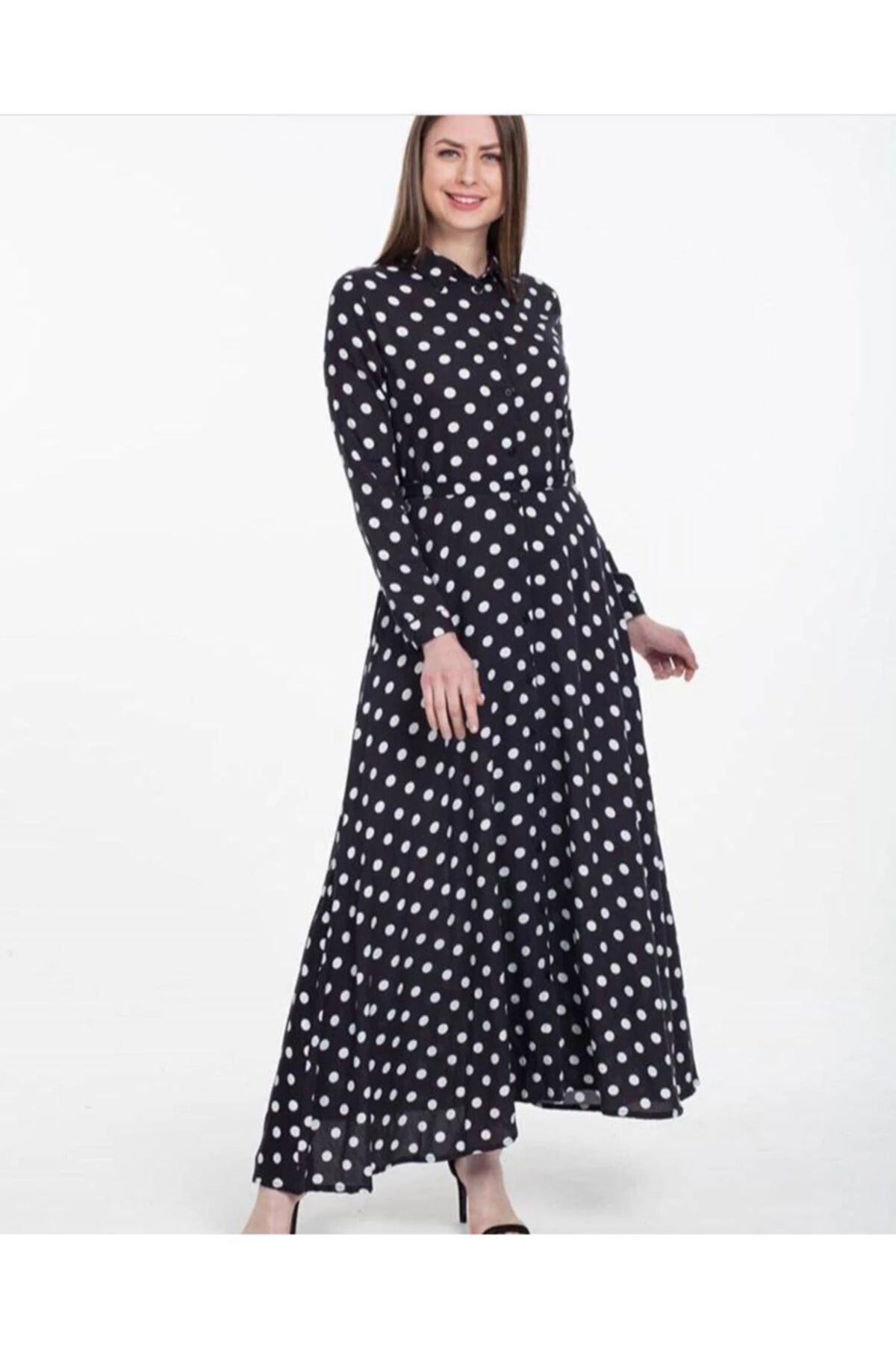 Puanlı Gömlek Yaka Uzun Boy Viskon Elbise