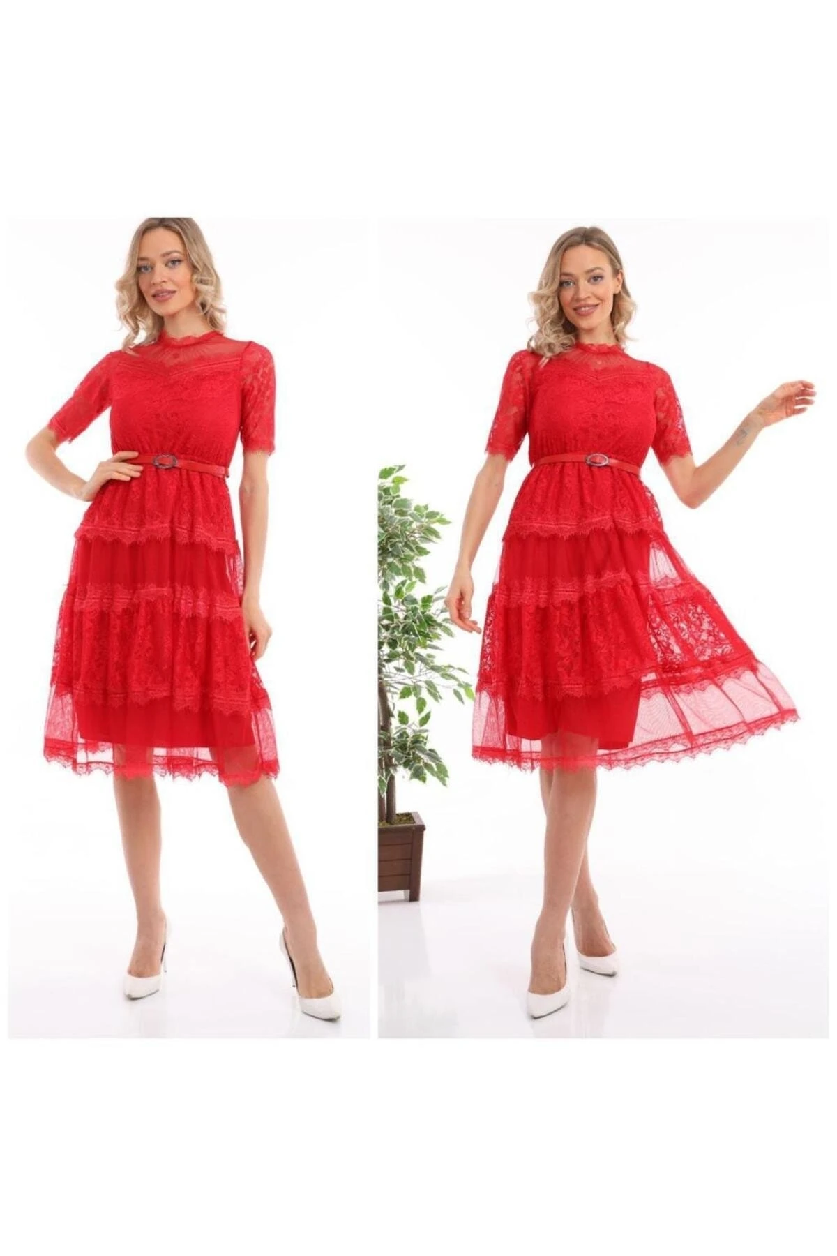 Tüllü Dantelli Yarım Kol Elbise