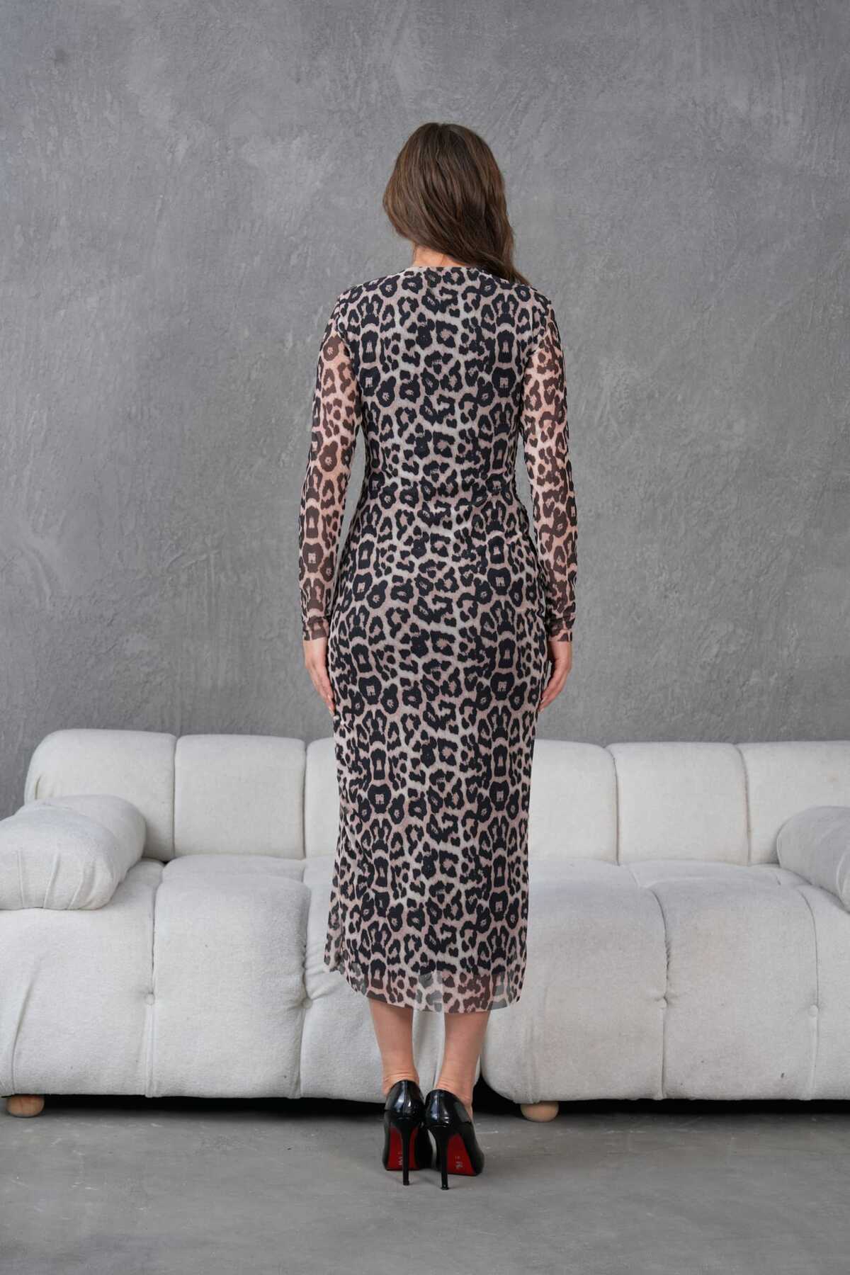 Bisiklet Yaka Likralı Baskılı Tül Elbise