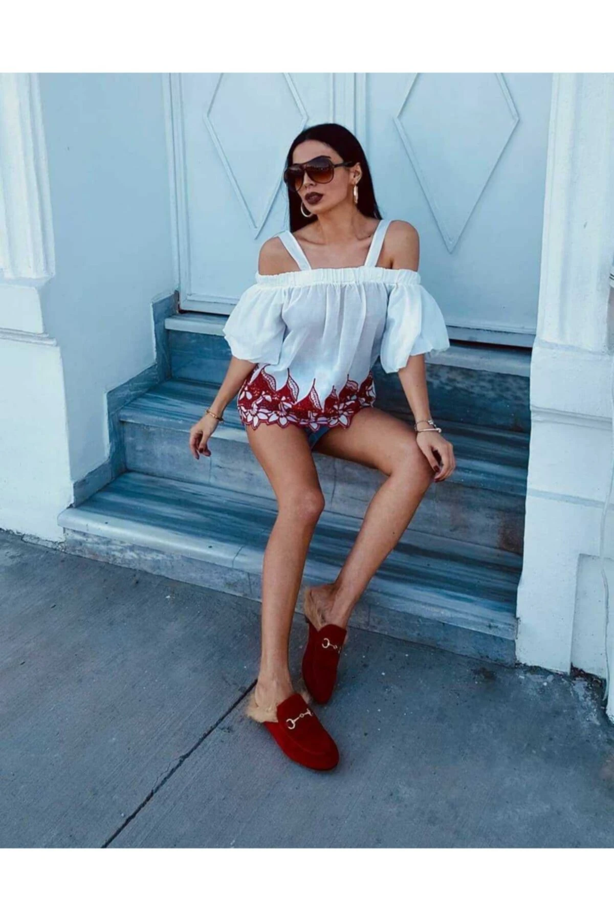 Askılı Straplez Bluz - beyaz-kırmızı