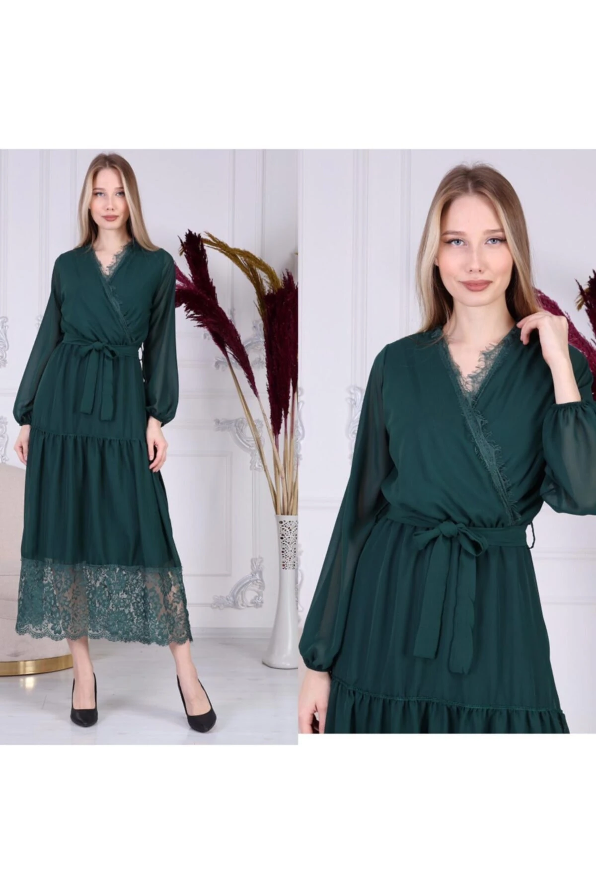 Kadın Beyaz Eteği Dantel Şifon - yeşil