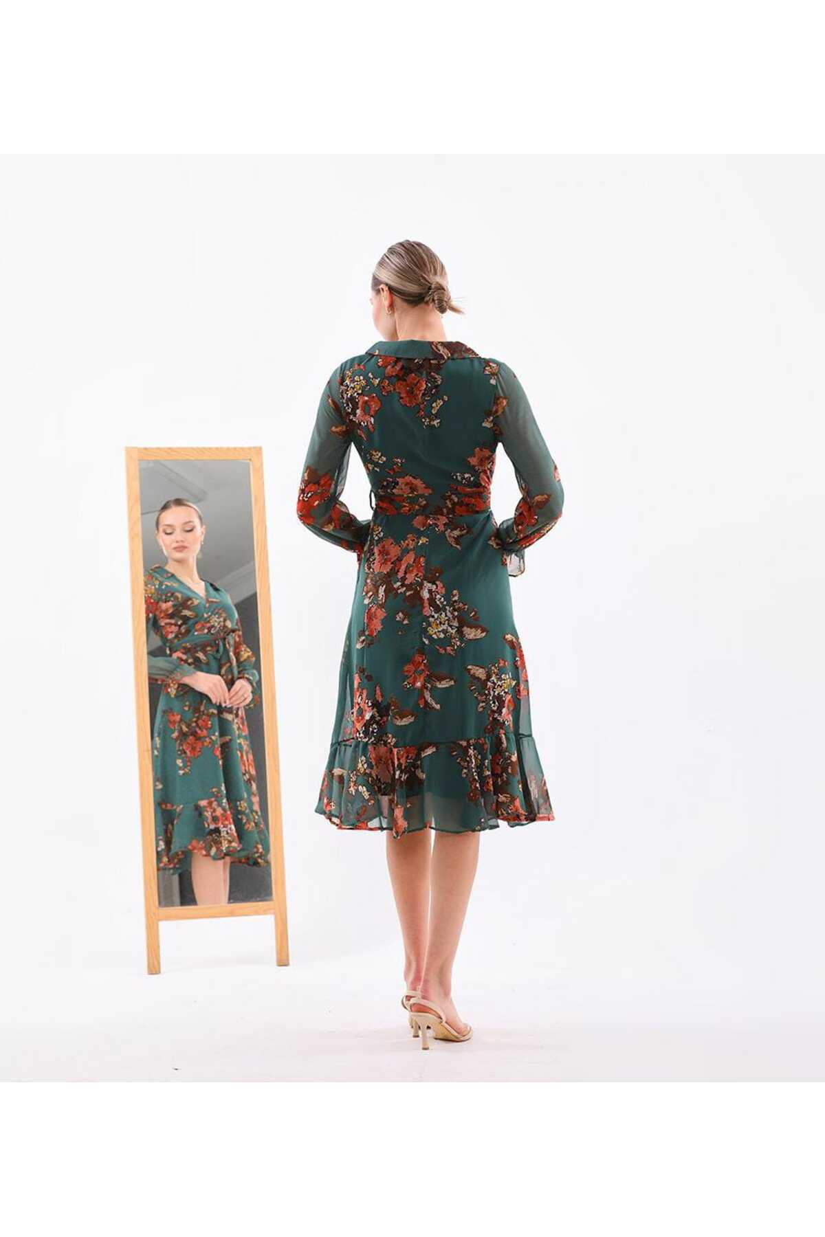 Yakalı Midi Boy Şifon Elbise