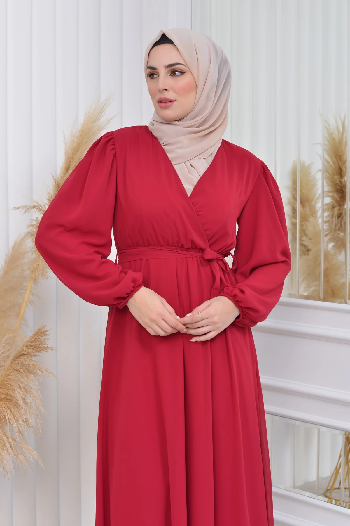 Kolu Astarlı Düz Şifon Elbise