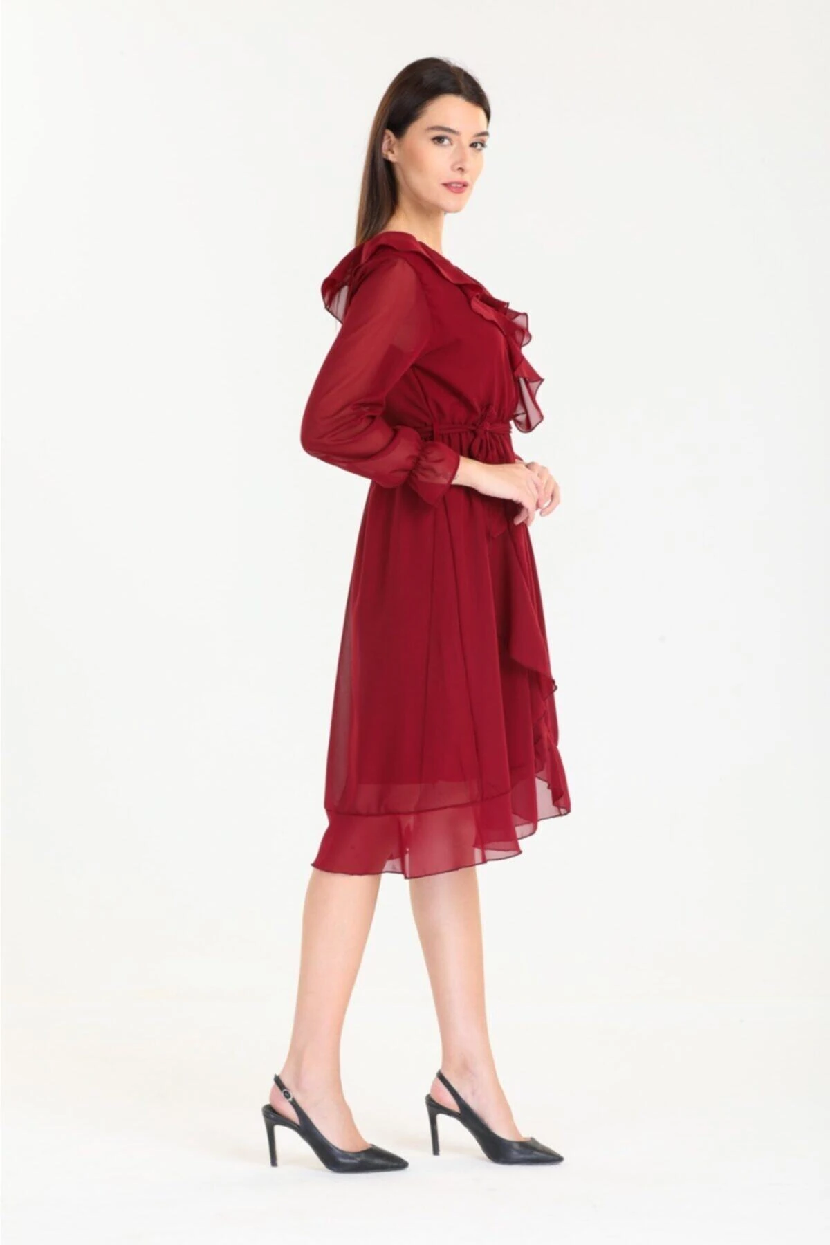 Midi Boy Fırfırlı Düz Şifon Elbise - bordo