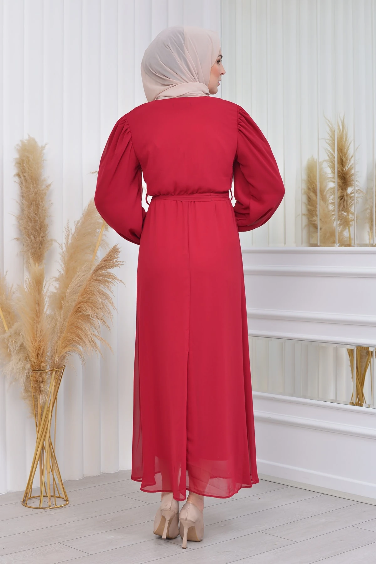 Kolu Astarlı Düz Şifon Elbise