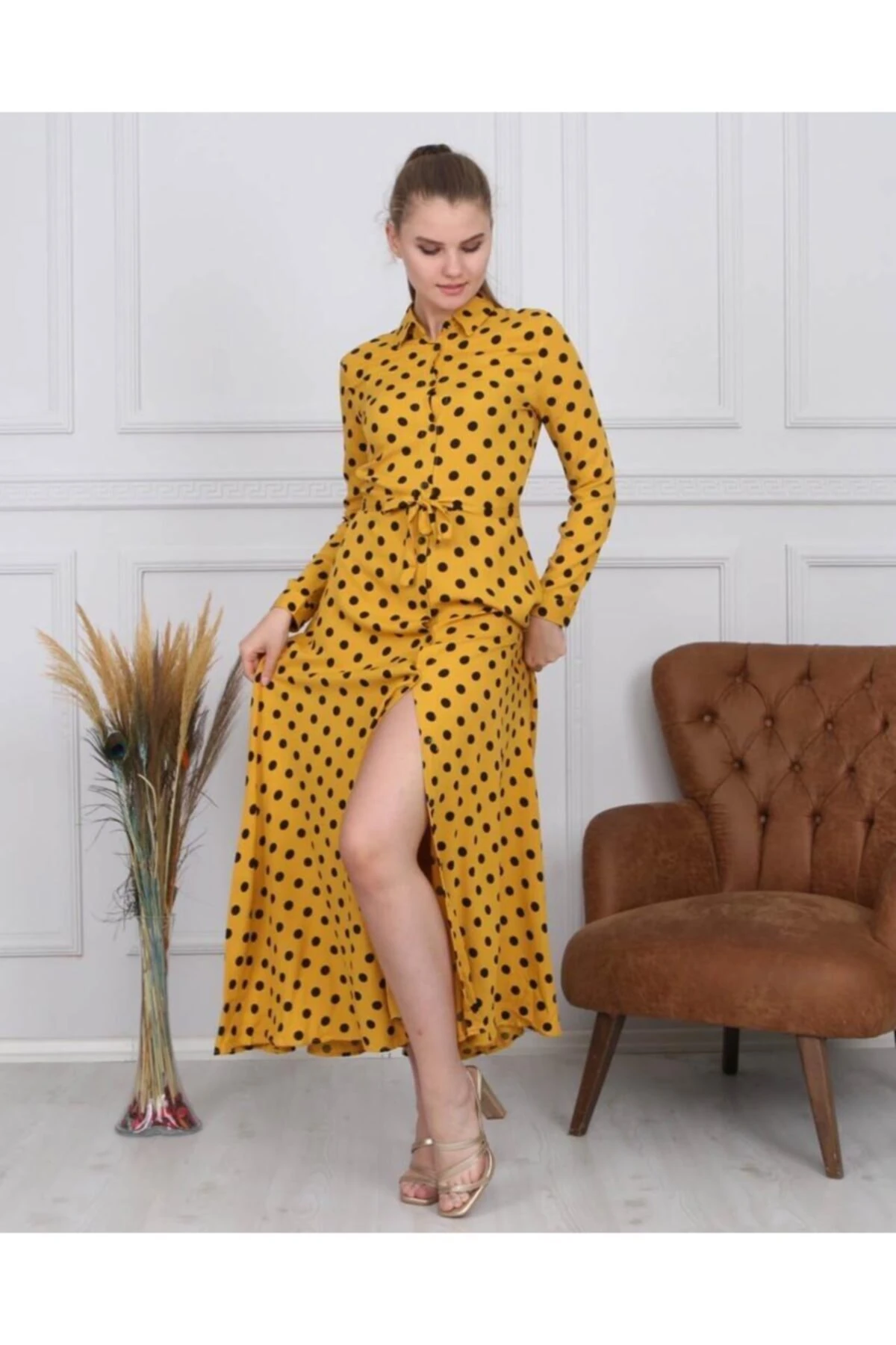 Kadın Sarı Puantiyeli Elbise - hardal