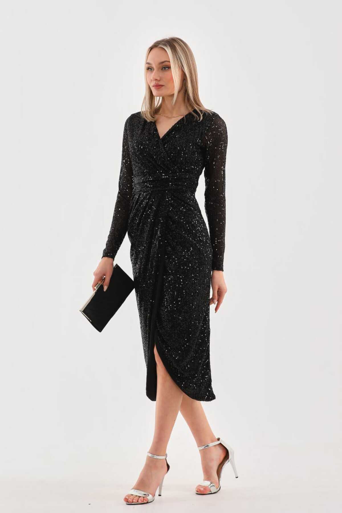 PUL PAYETLİ KRUVAZE ABİYE ELBİSE