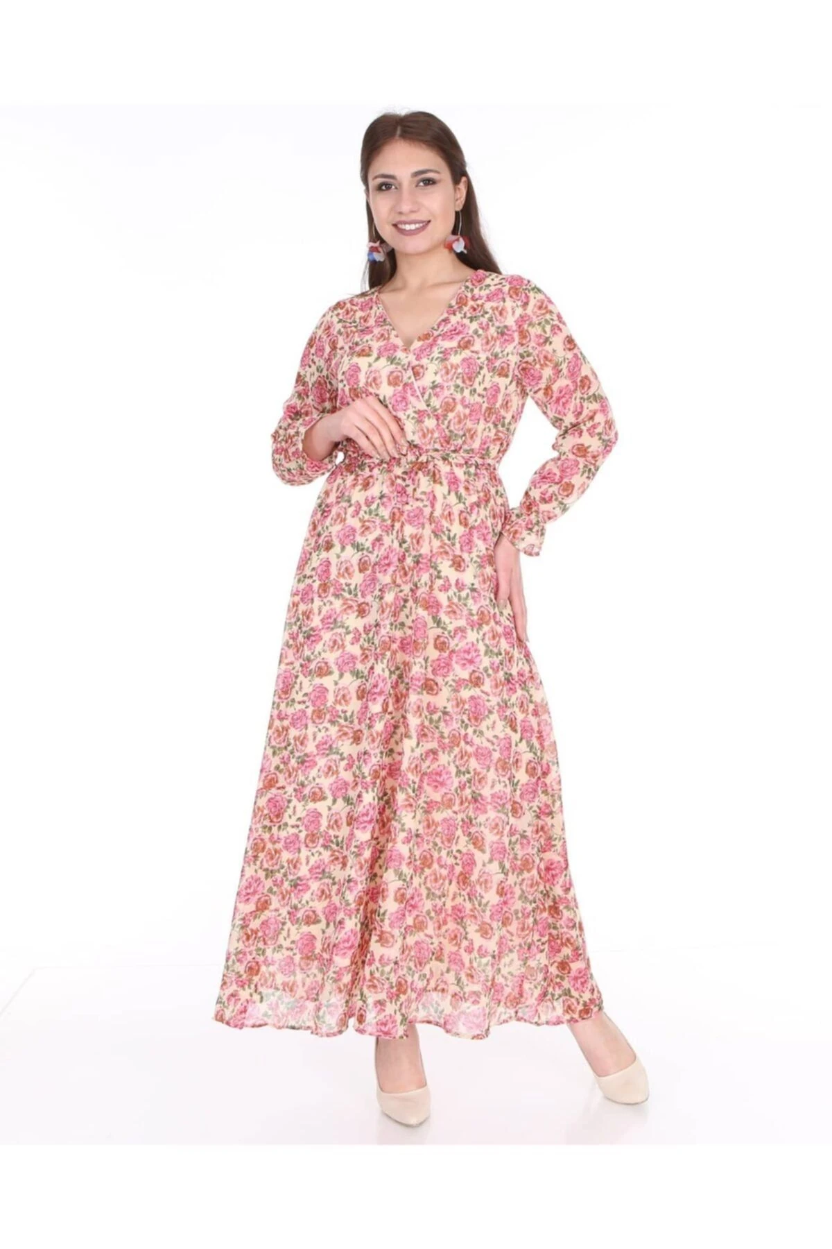 Kadın   Çiçek Desenli Uzun Şifon Elbise - pembe