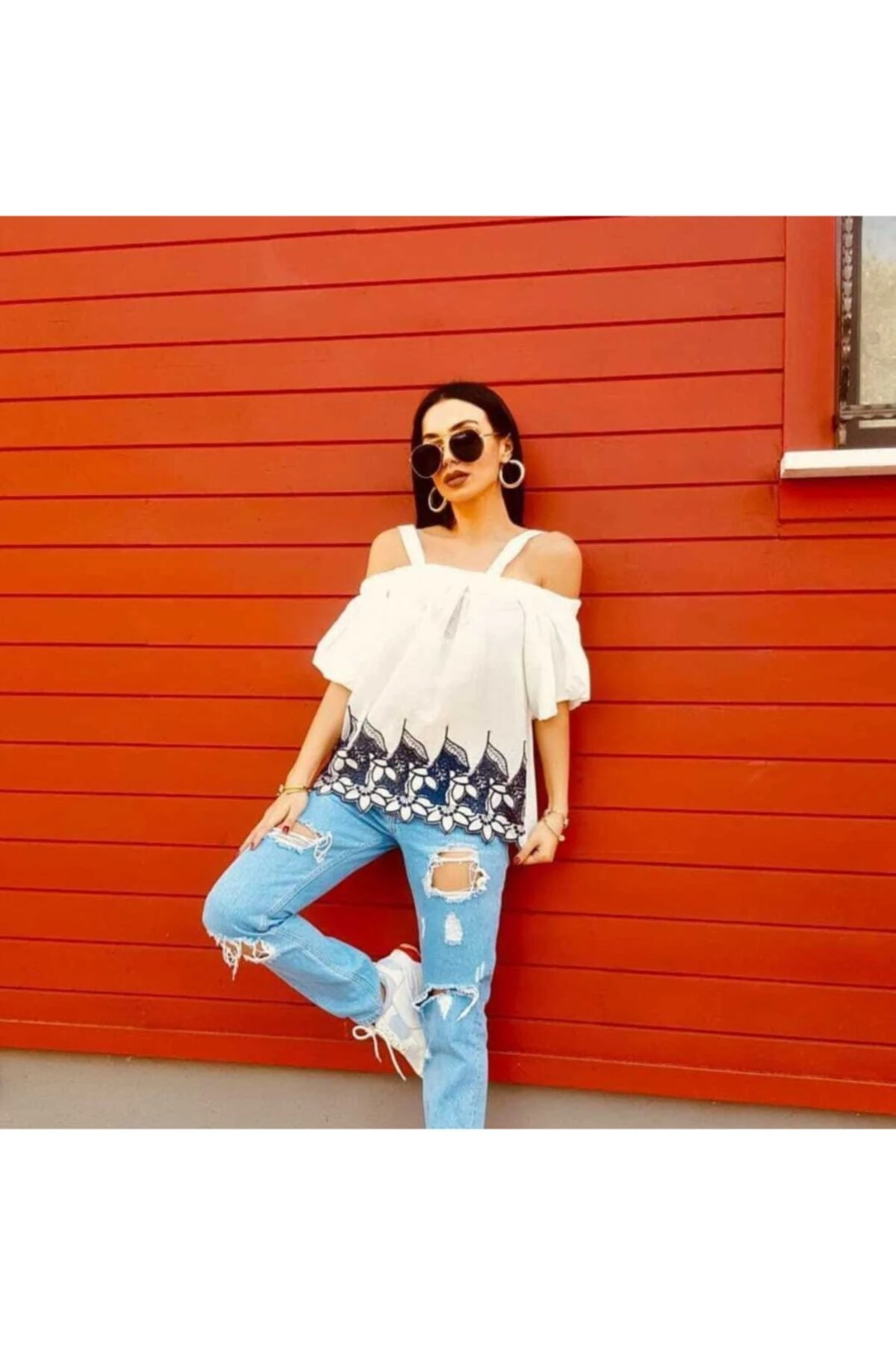 Askılı Straplez Bluz - beyaz-lacivert