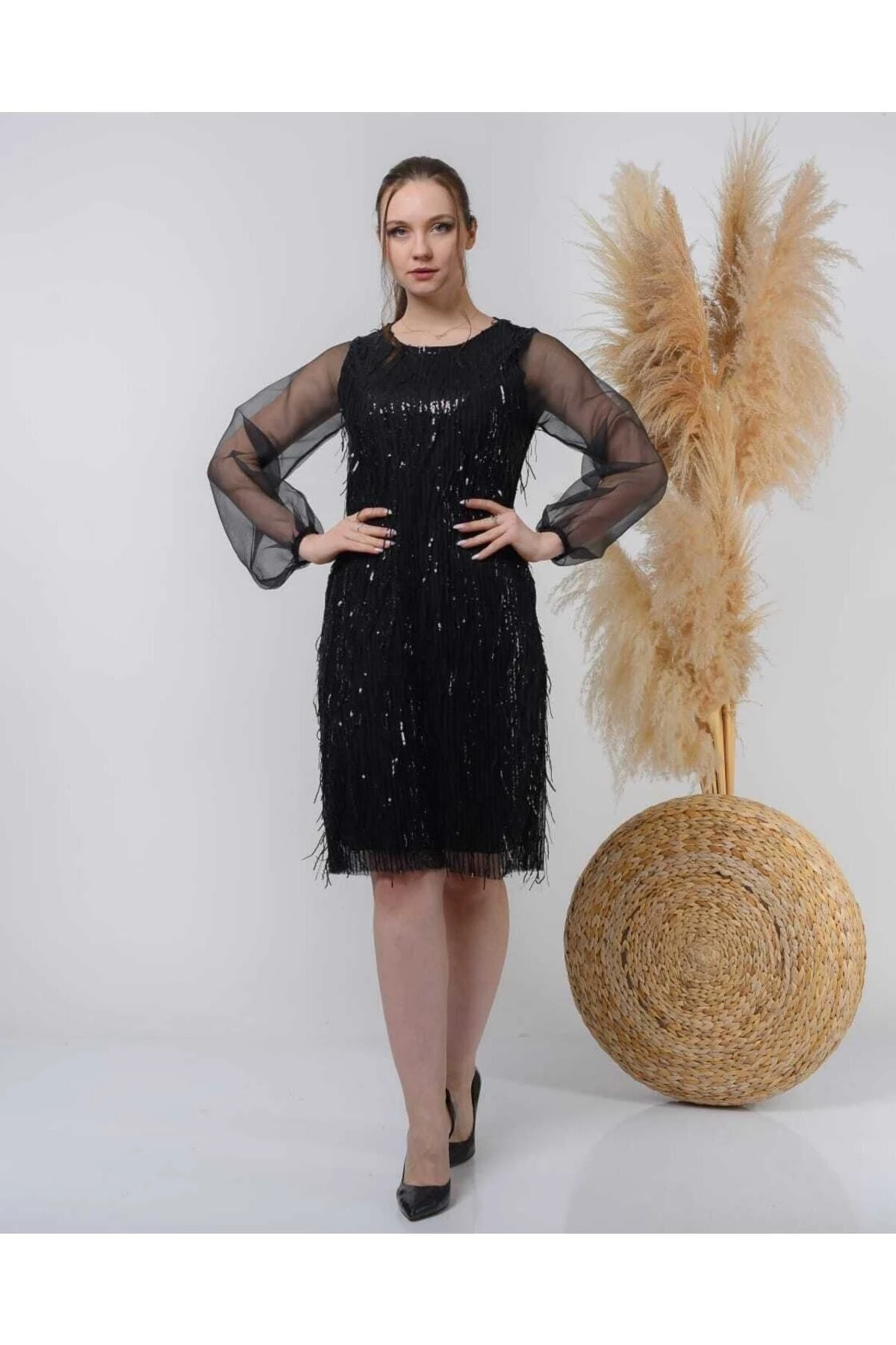 Pul Payetli Elbise - siyah pullu