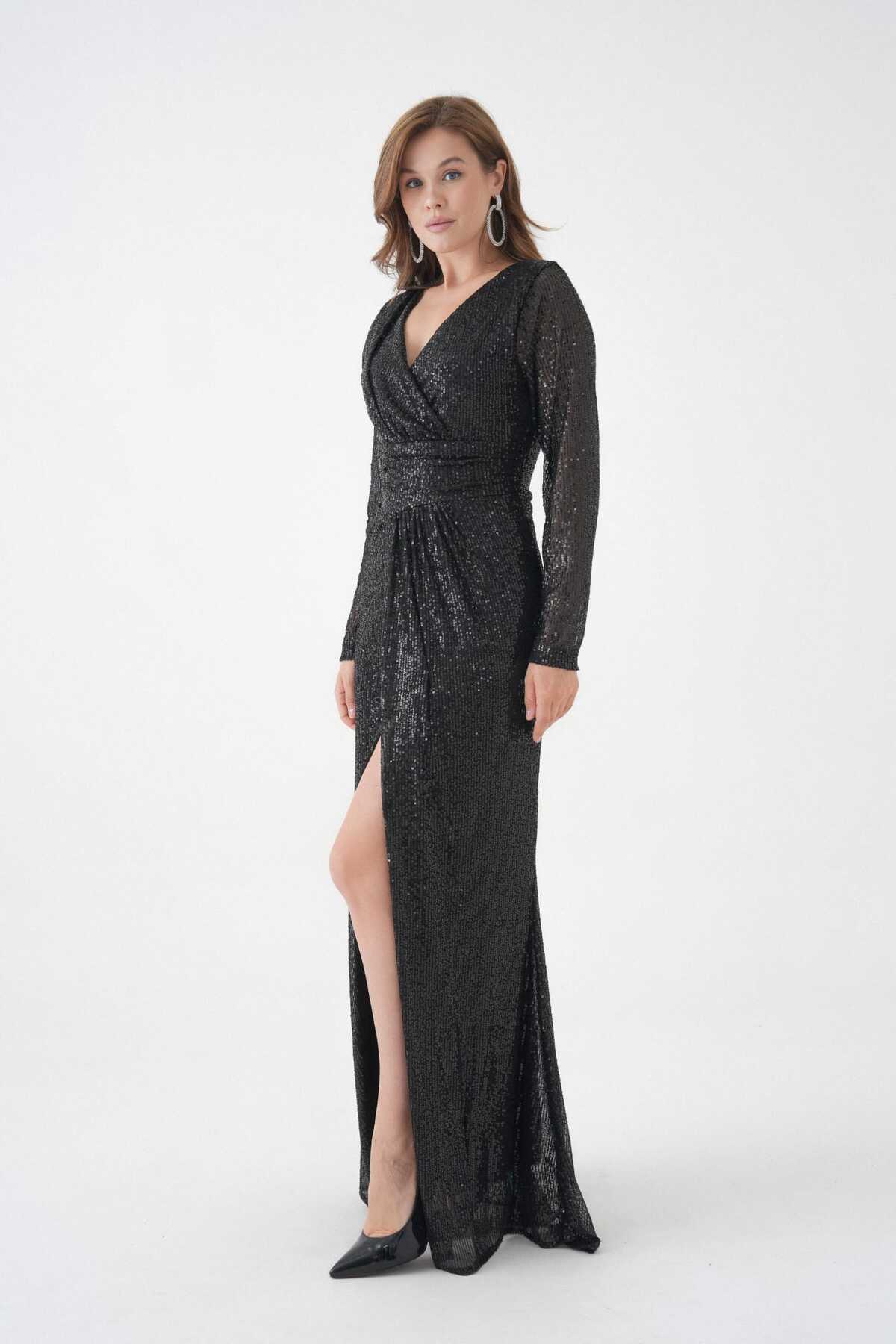 Eteği Kruvaze Uzunkol Pulpayet Abiye