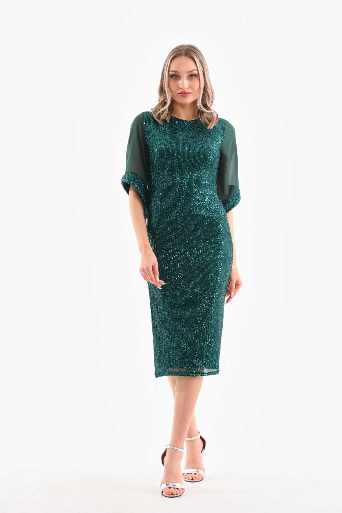 Pul Payetli Midi Boy Abiye Elbise