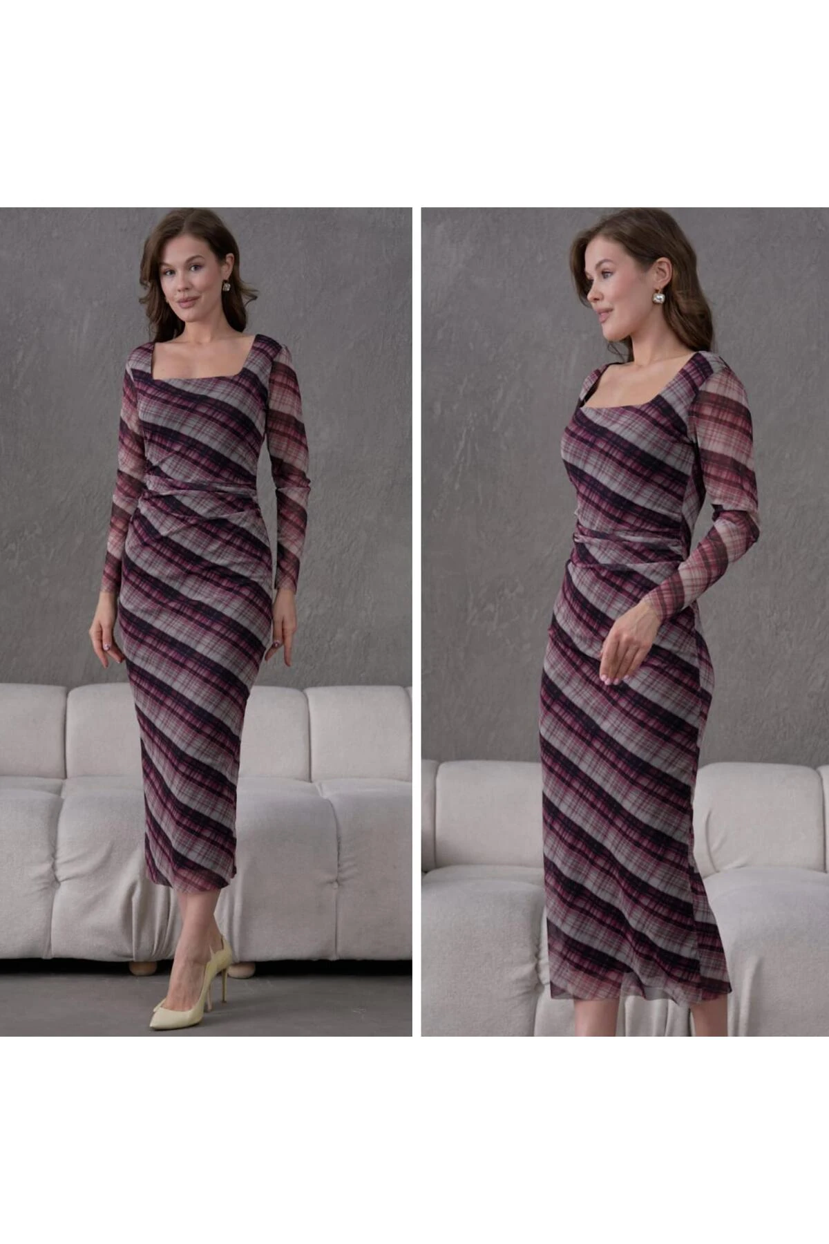 Kare Yaka Likralı Tül Astarlı Elbise