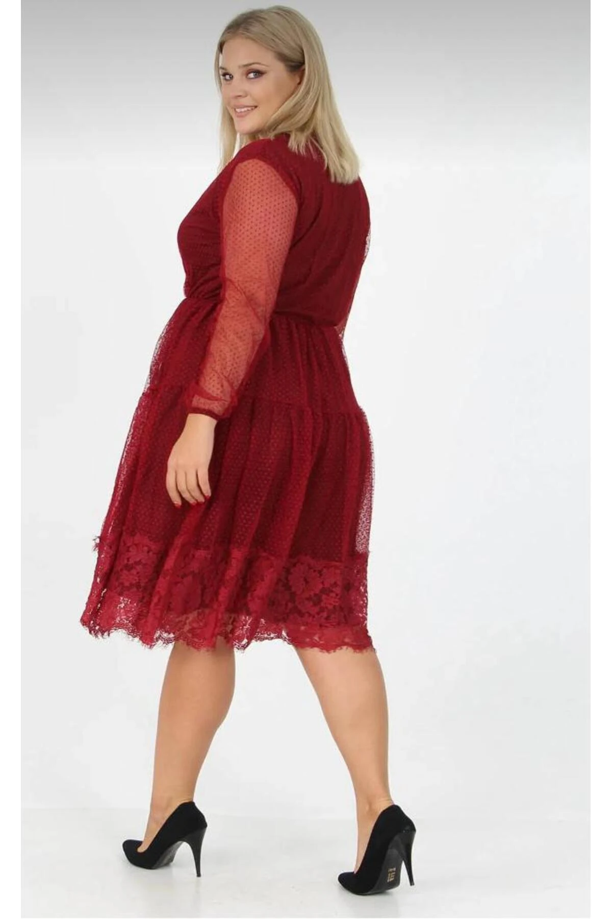 V Yaka Midi Boy Tül Elbise