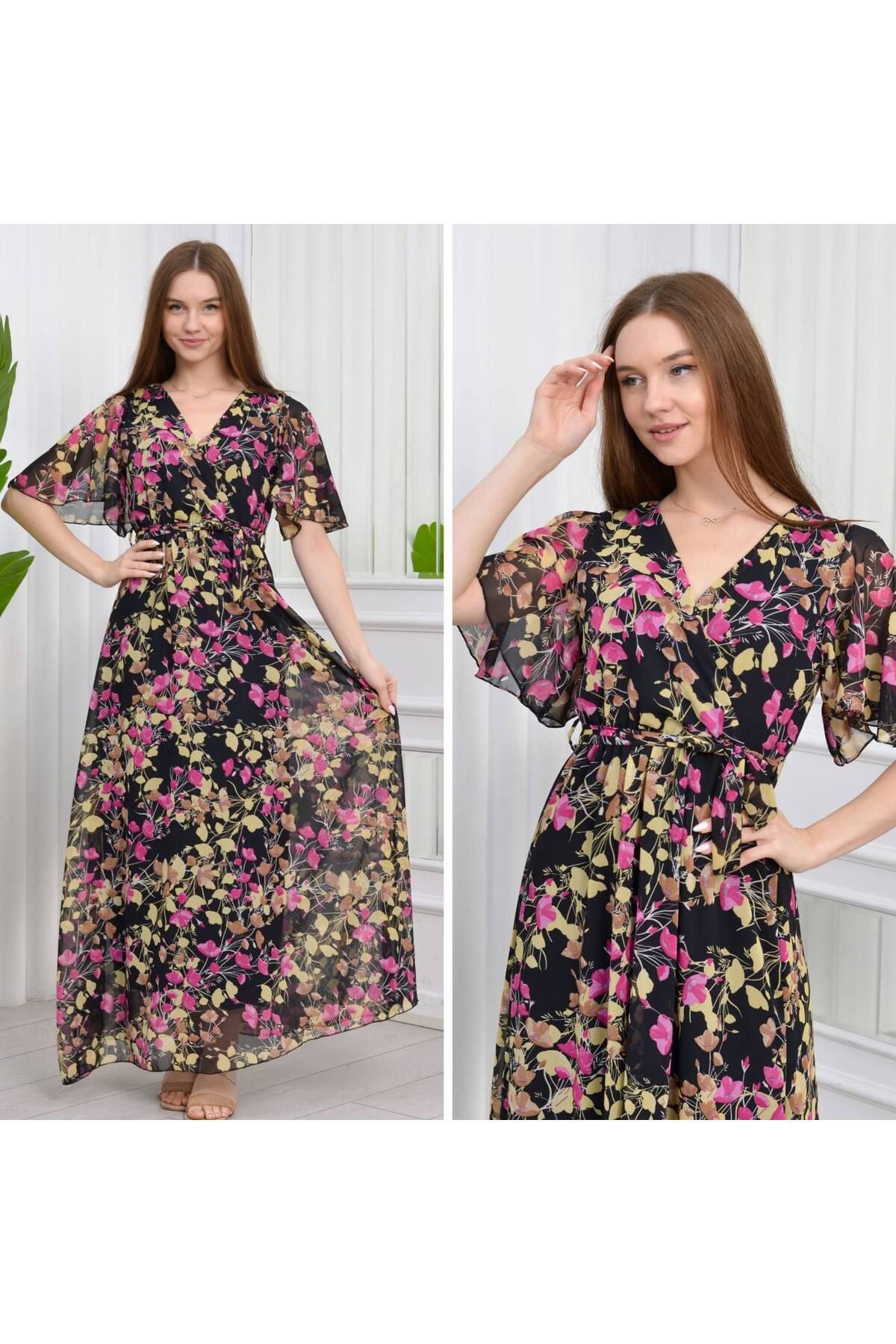 V Yaka Kısa Kol Büyük Beden Elbise Şifon