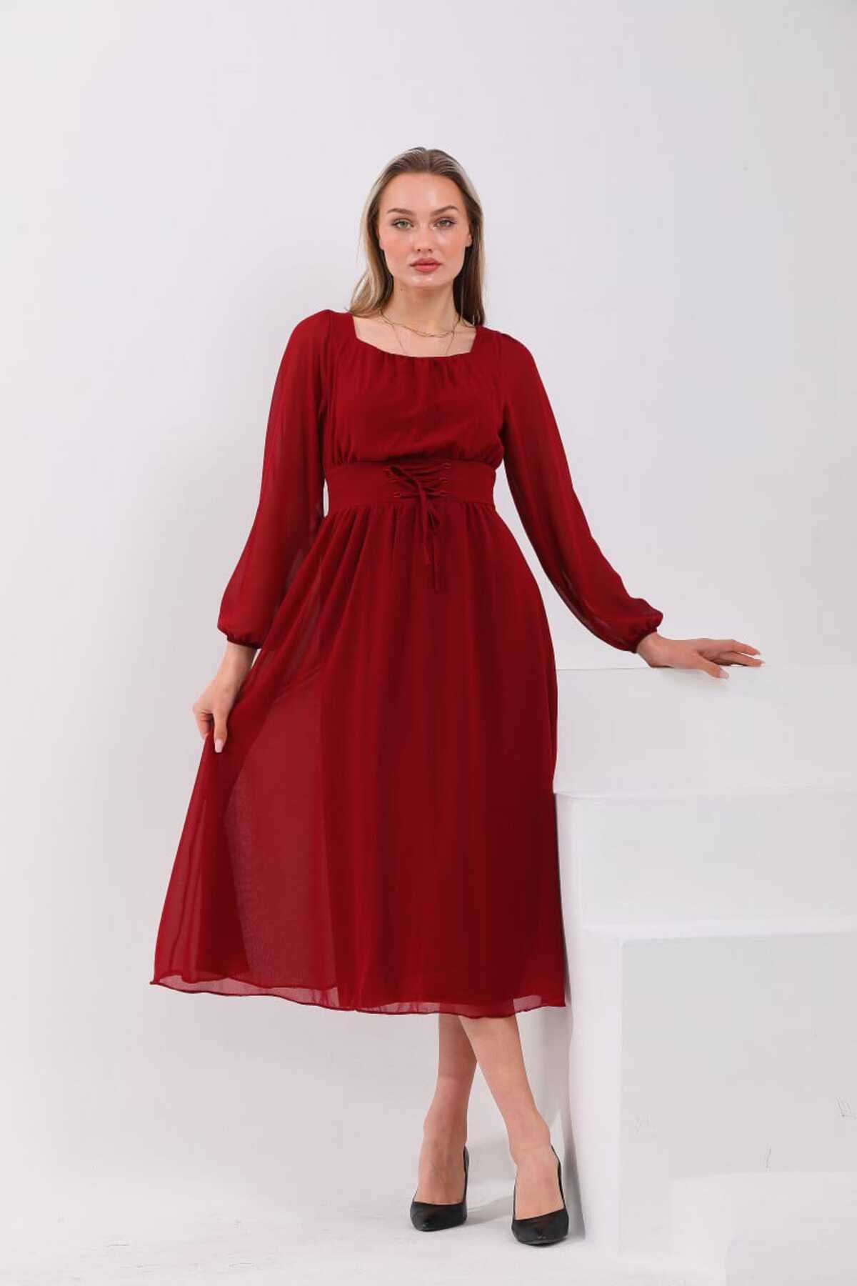 Belden İp Bağcılıklı Düz Şifon Elbise