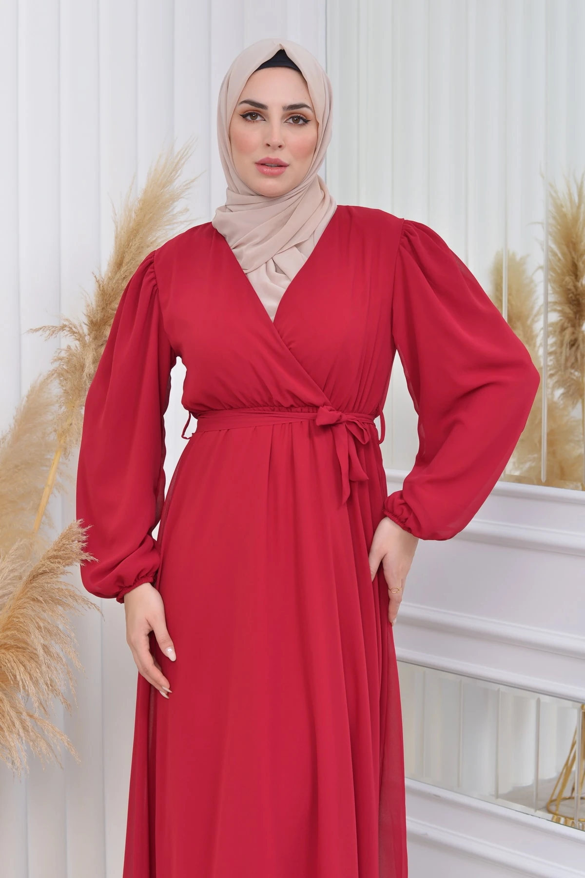 Kolu Astarlı Düz Şifon Elbise