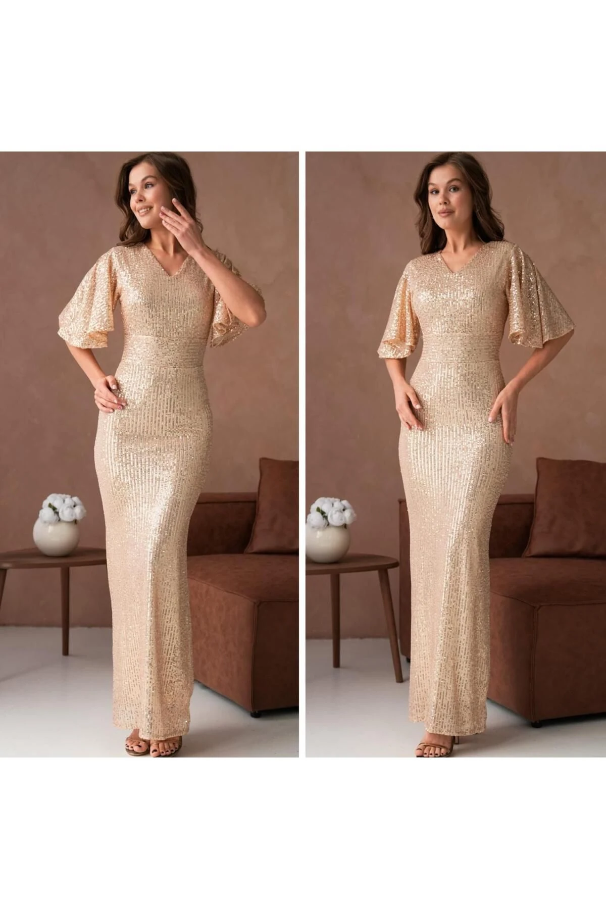 Abiye Pul Payet Kısa Kol Elbise - bej