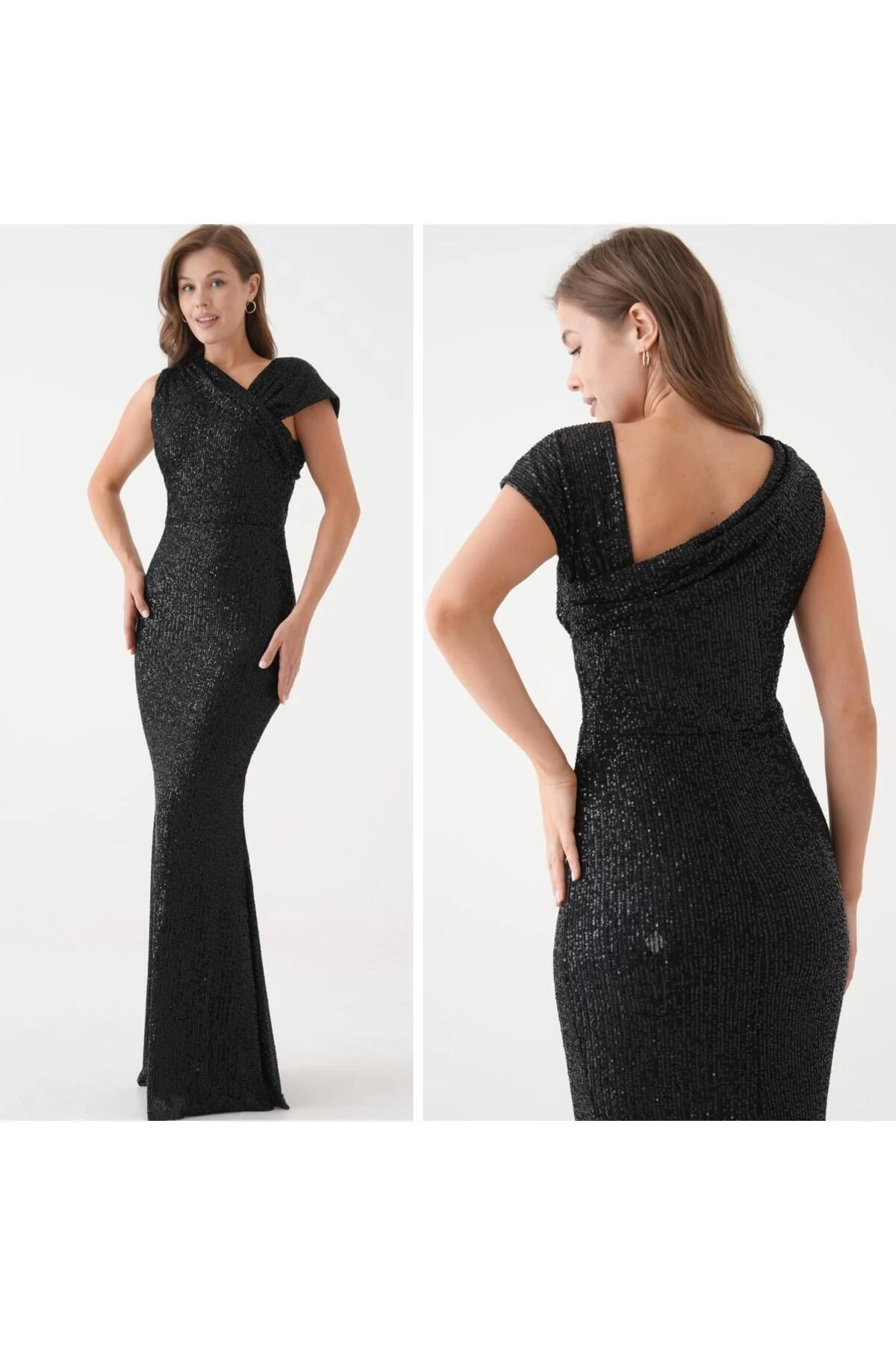 Omuz Detaylı Pul Payet Abiye Elbise - siyah