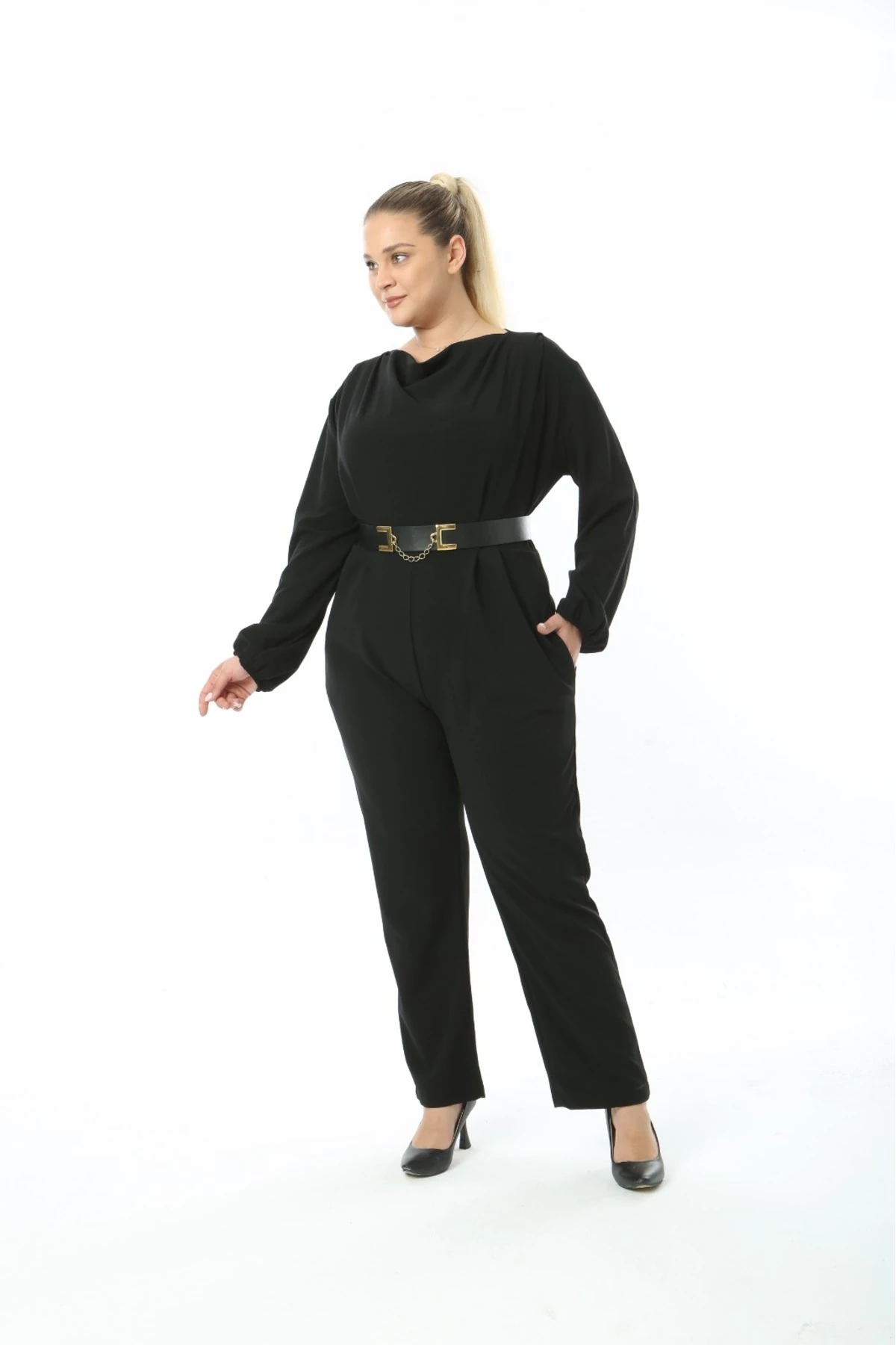 Likralı Kemerli Uzun Kollu Tulum