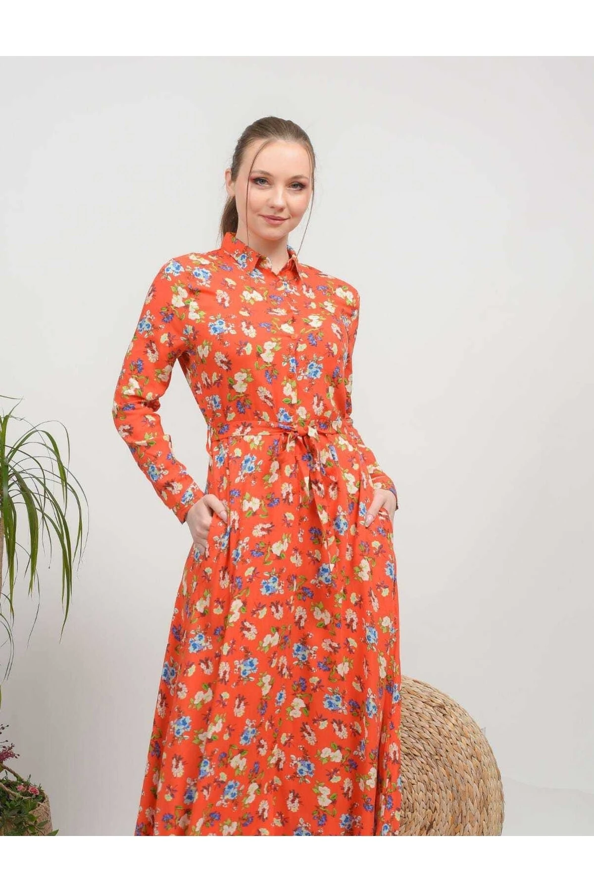 Gömlek Yaka Uzun Boy Viskon Elbise