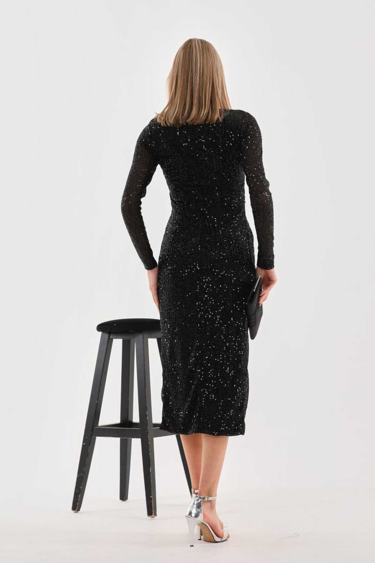 PUL PAYETLİ KRUVAZE ABİYE ELBİSE