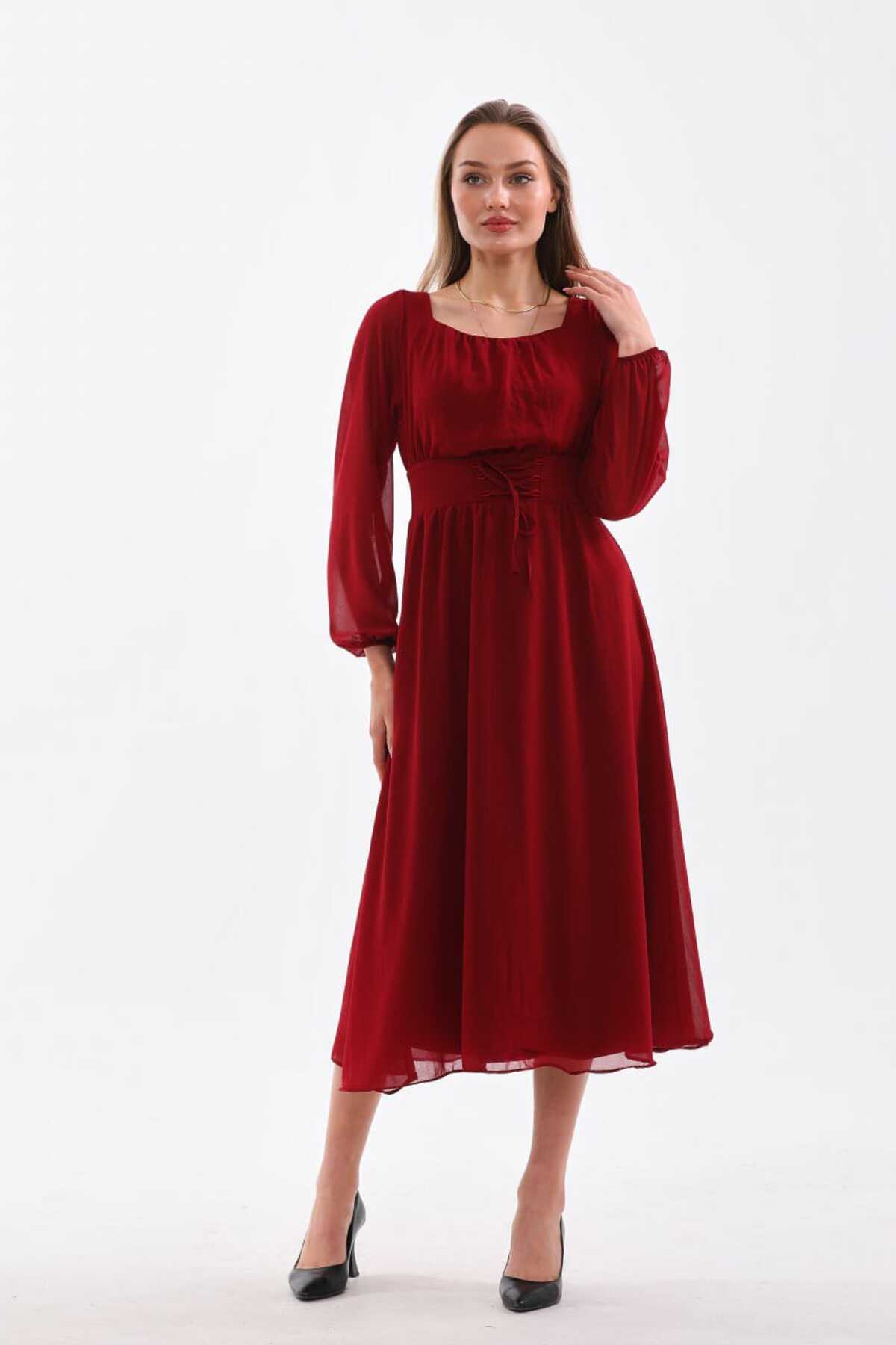 Belden İp Bağcılıklı Düz Şifon Elbise