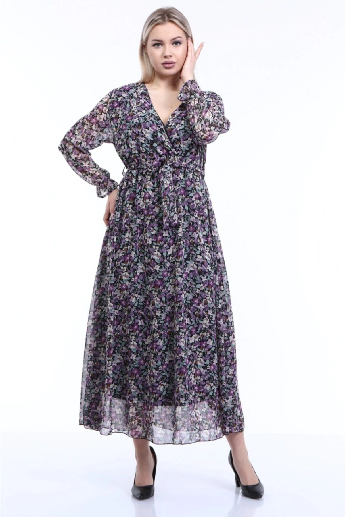 Kadın Kırmızı Çiçek Desenli Uzun Şifon Elbise - a14 desen