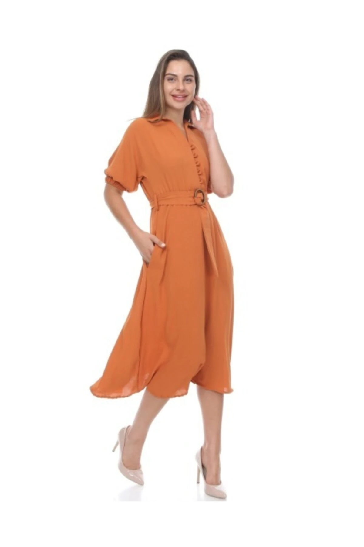 Ayrobin Midi Boy Elbise - hardal
