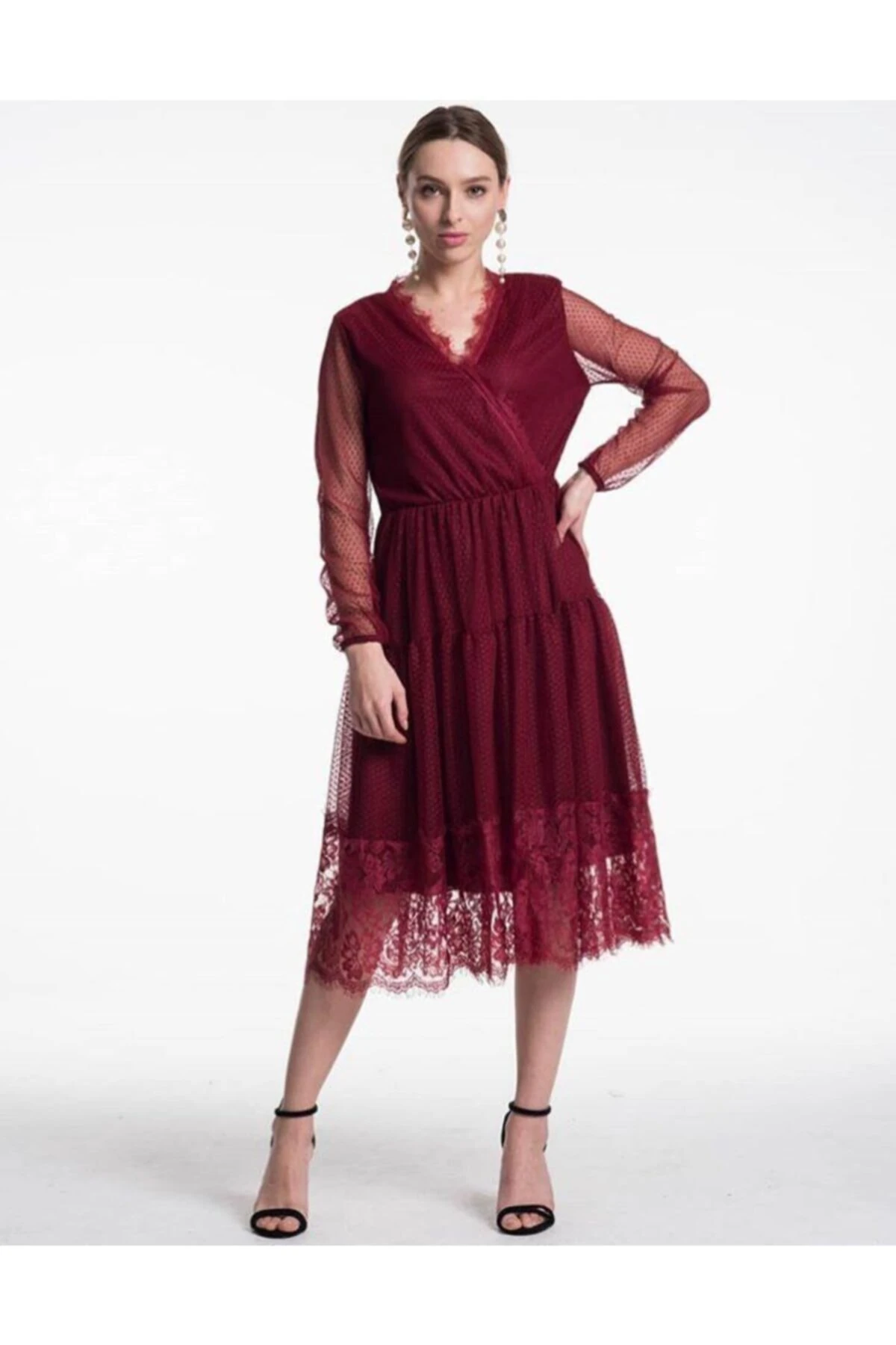 Kadın Bordo Tül Astarlı Elbise