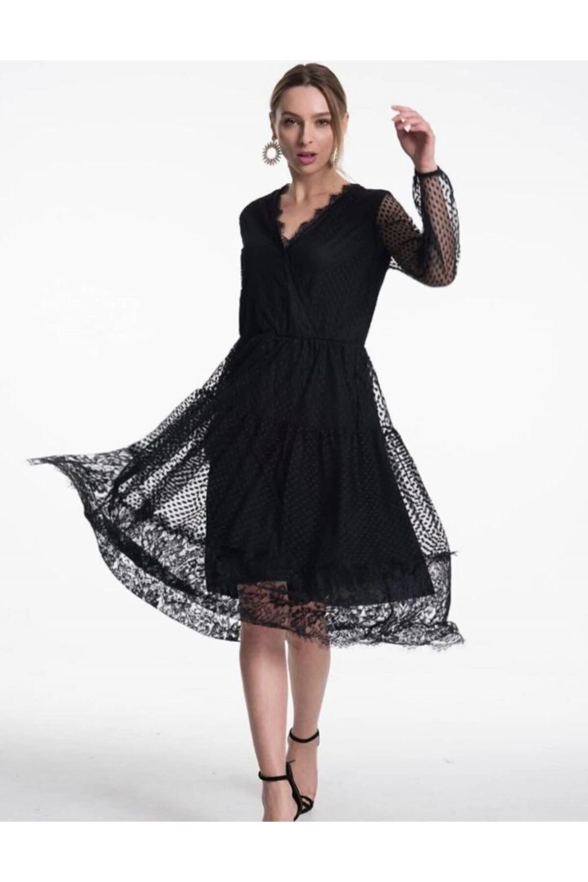 Kadın Bordo Tül Astarlı Elbise - siyah