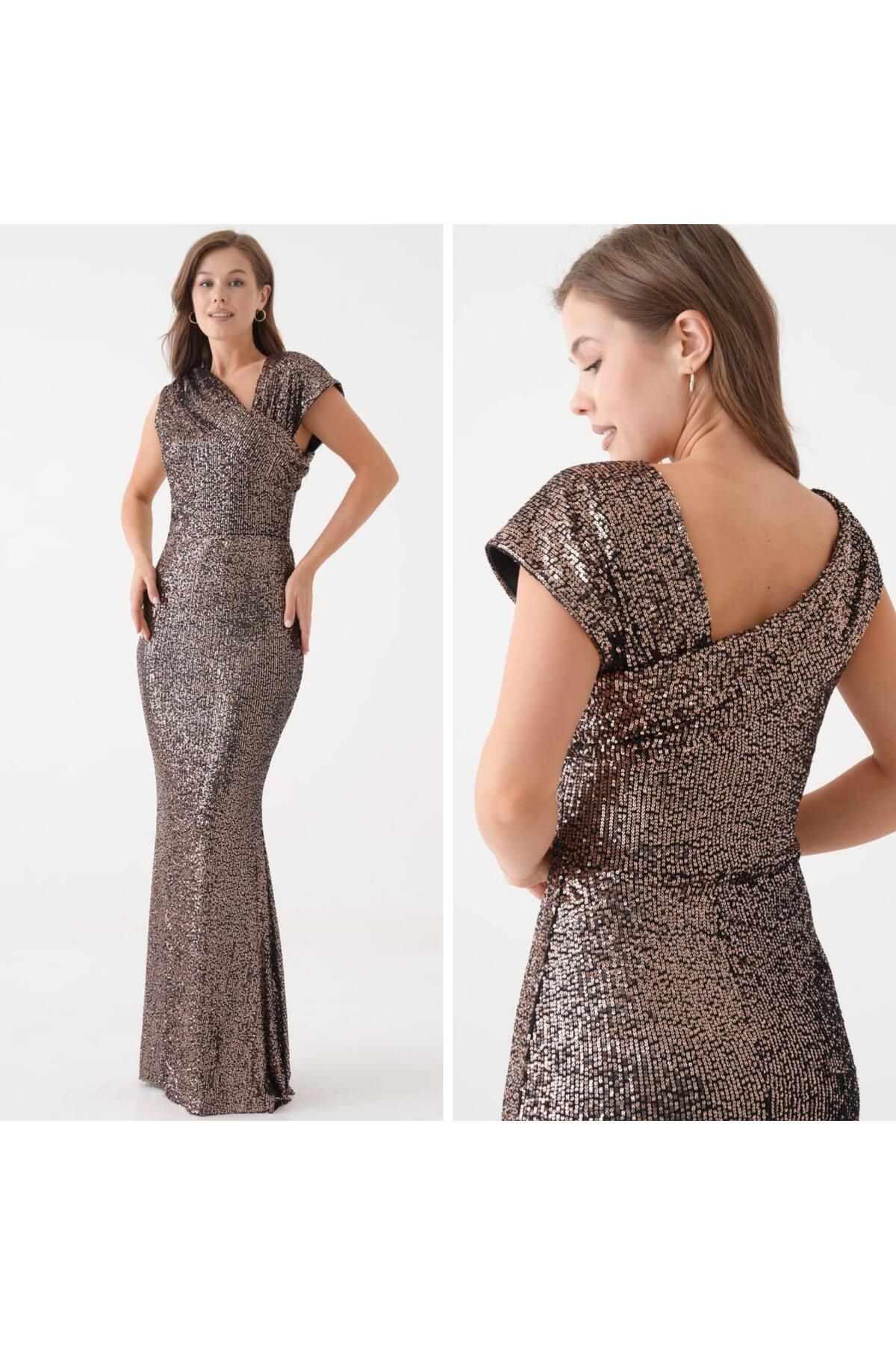 Omuz Detaylı Pul Payet Abiye Elbise - roz