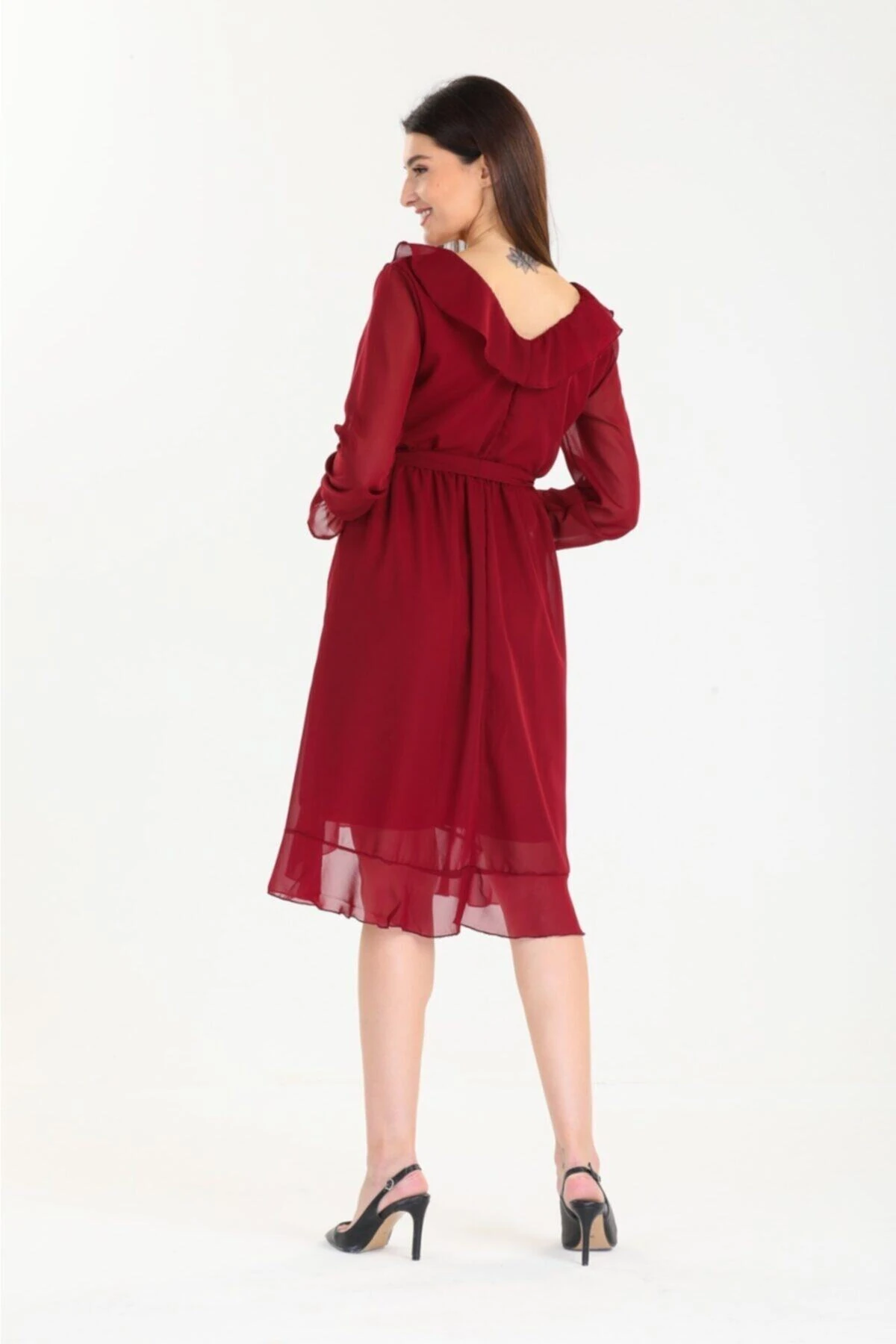 Midi Boy Fırfırlı Düz Şifon Elbise
