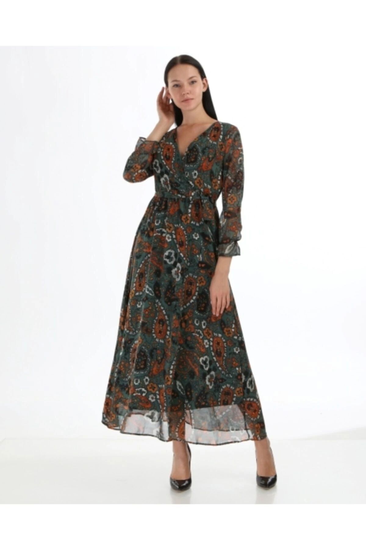 Kadın Yeşil Çiçekli Uzun Boy Şifon Elbise