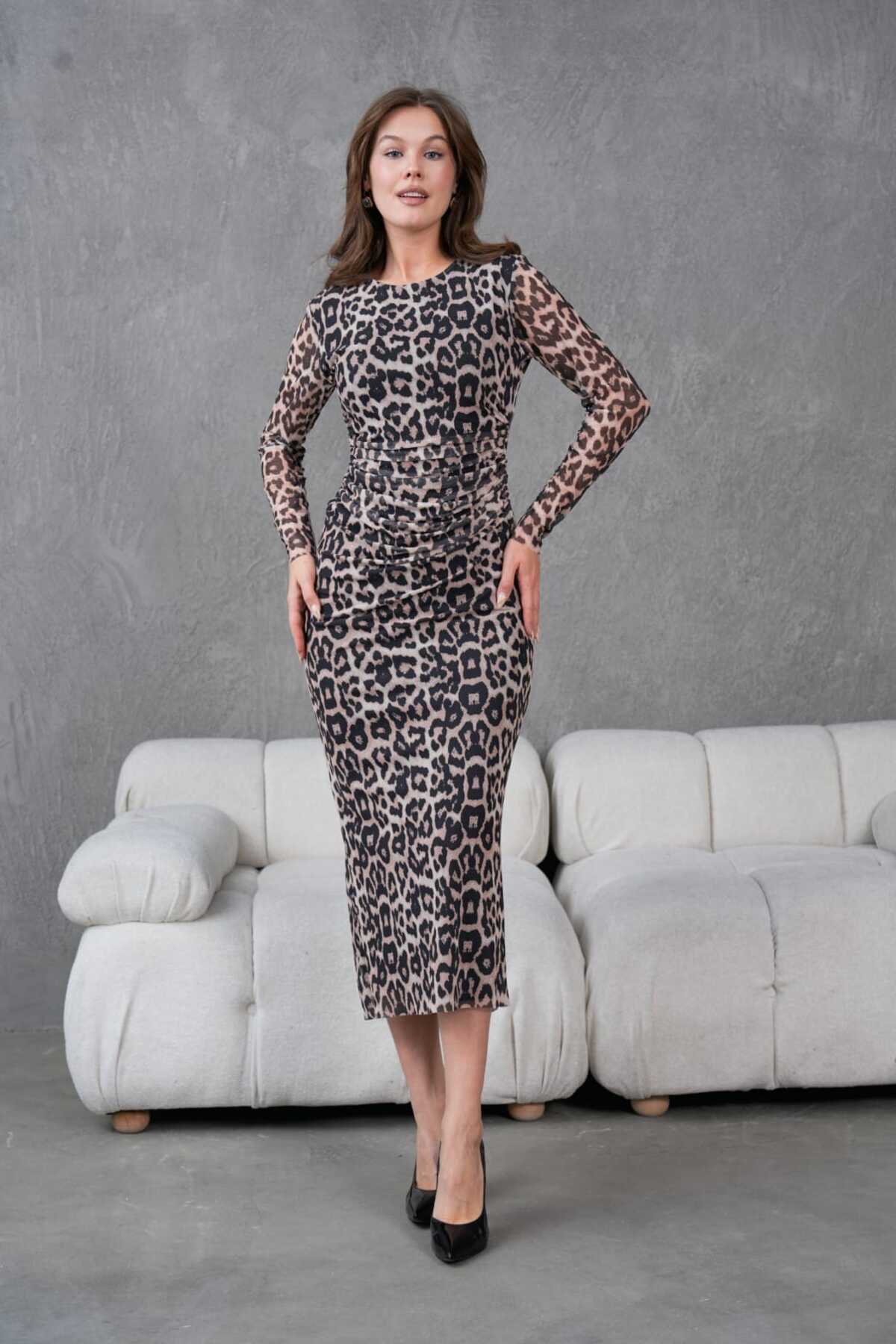 Bisiklet Yaka Likralı Baskılı Tül Elbise