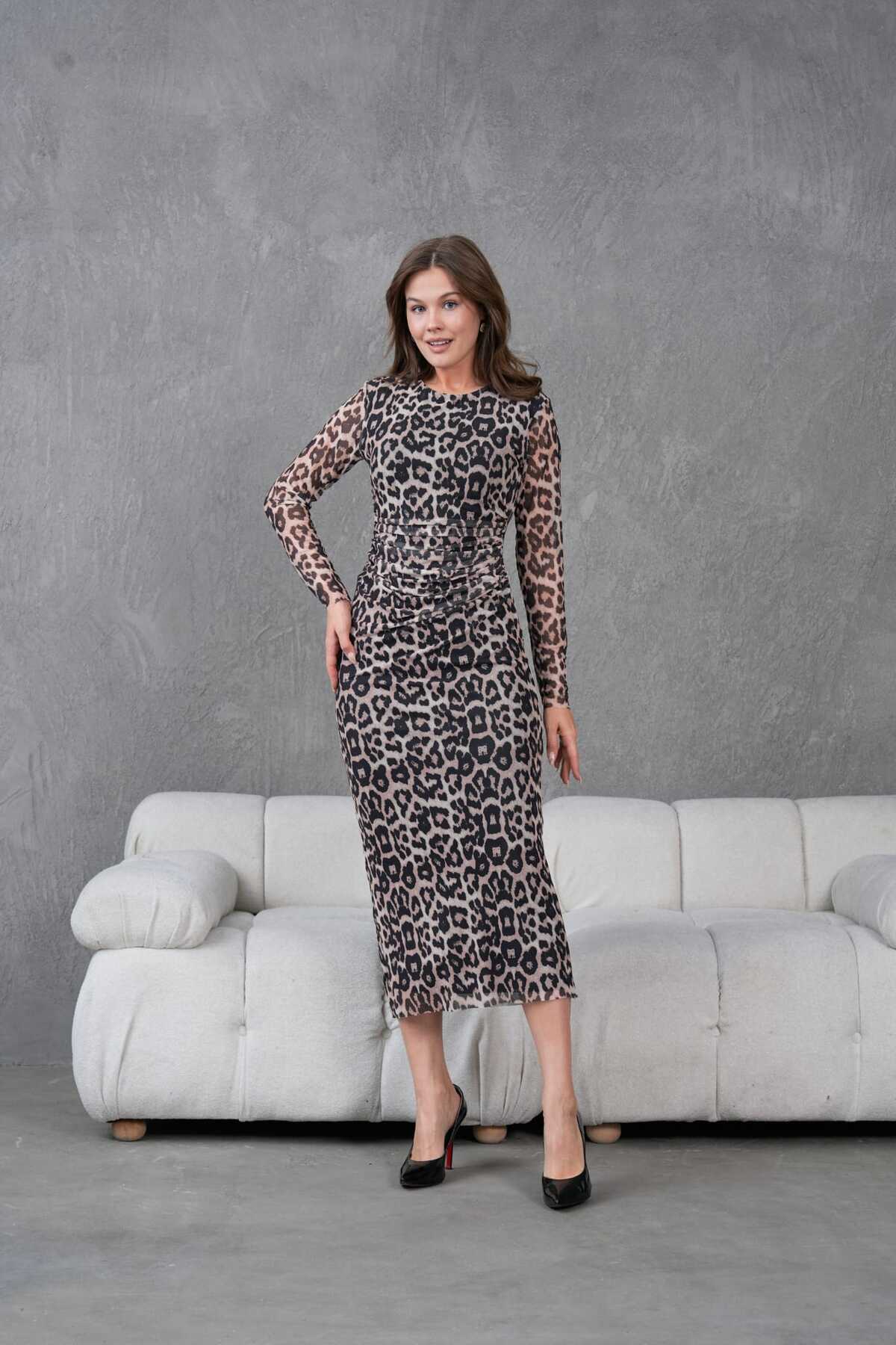 Bisiklet Yaka Likralı Baskılı Tül Elbise