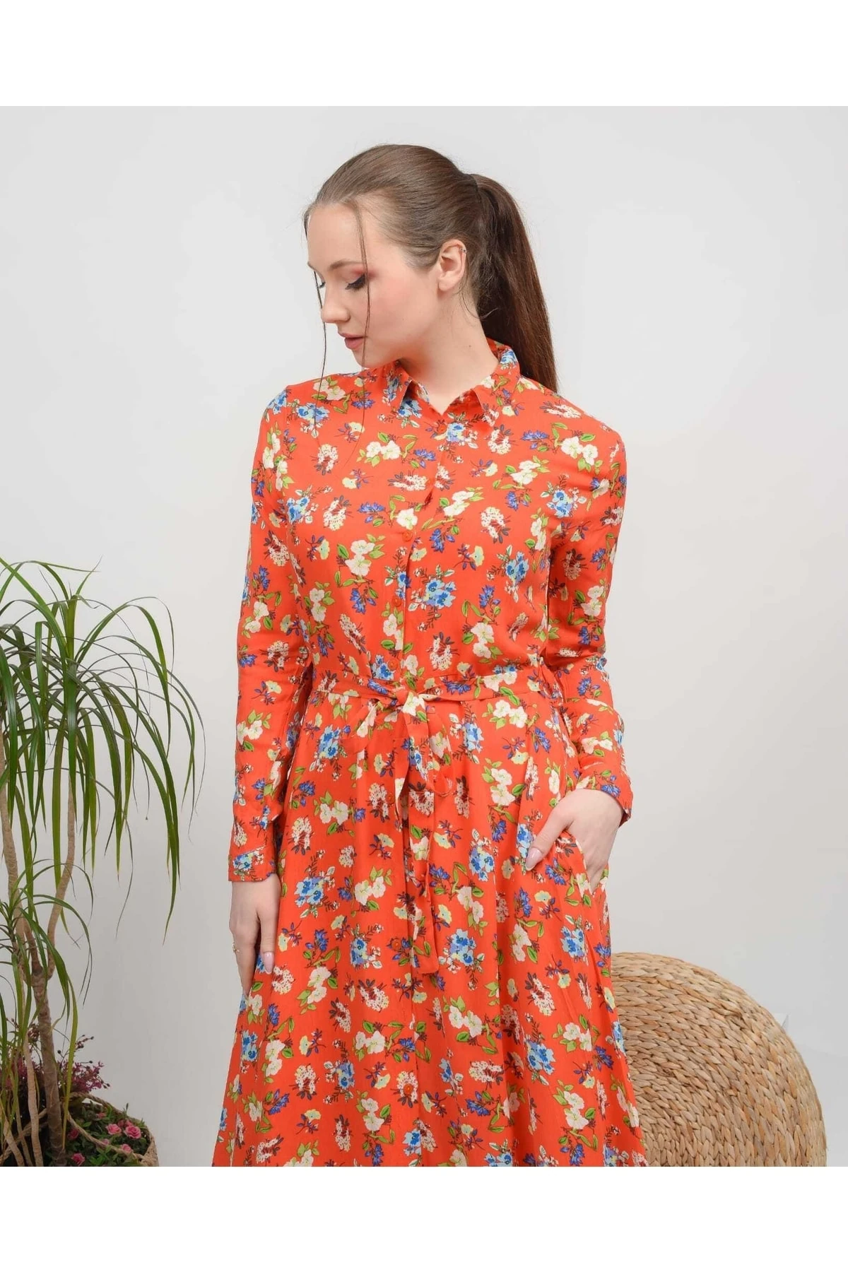 Gömlek Yaka Uzun Boy Viskon Elbise