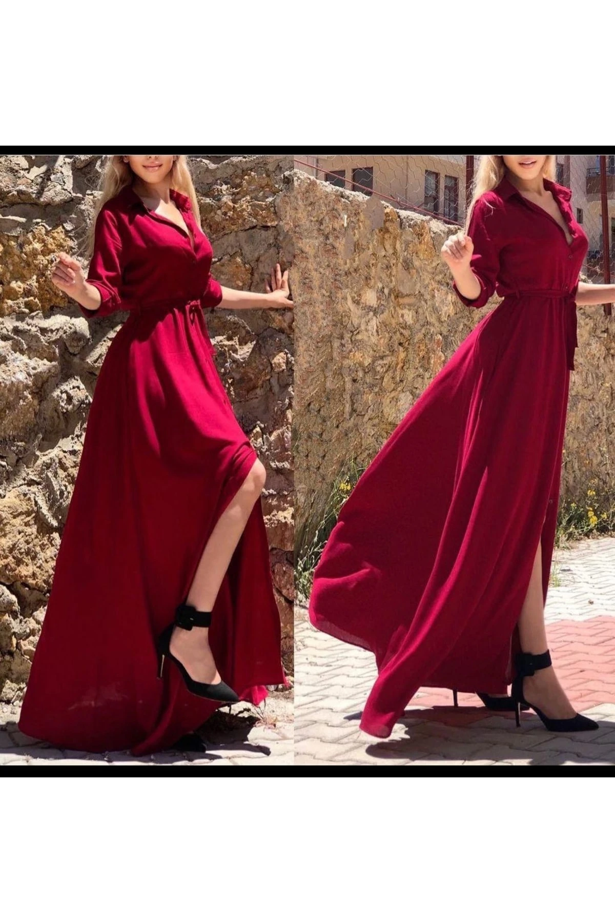 Gömlek Yaka Uzun Boy Viskon Elbise