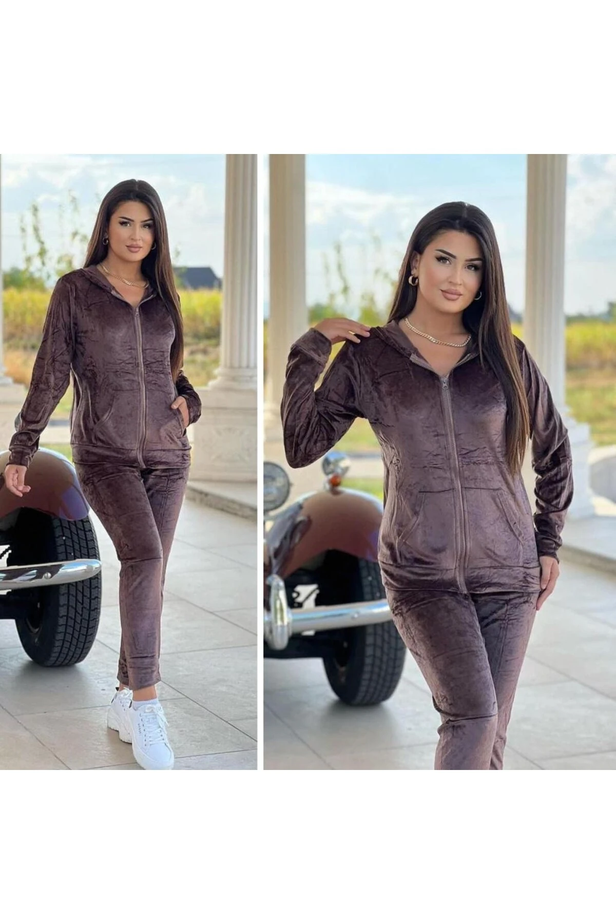 Fermuarlı Kadife Takım - kahverengi